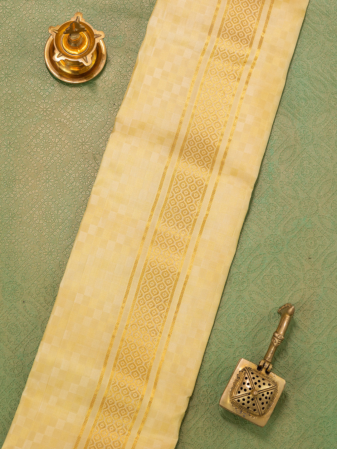 Men Pure Silk Gold Dhoti & Towel Set with 3" inch Fancy Jari Border TK18