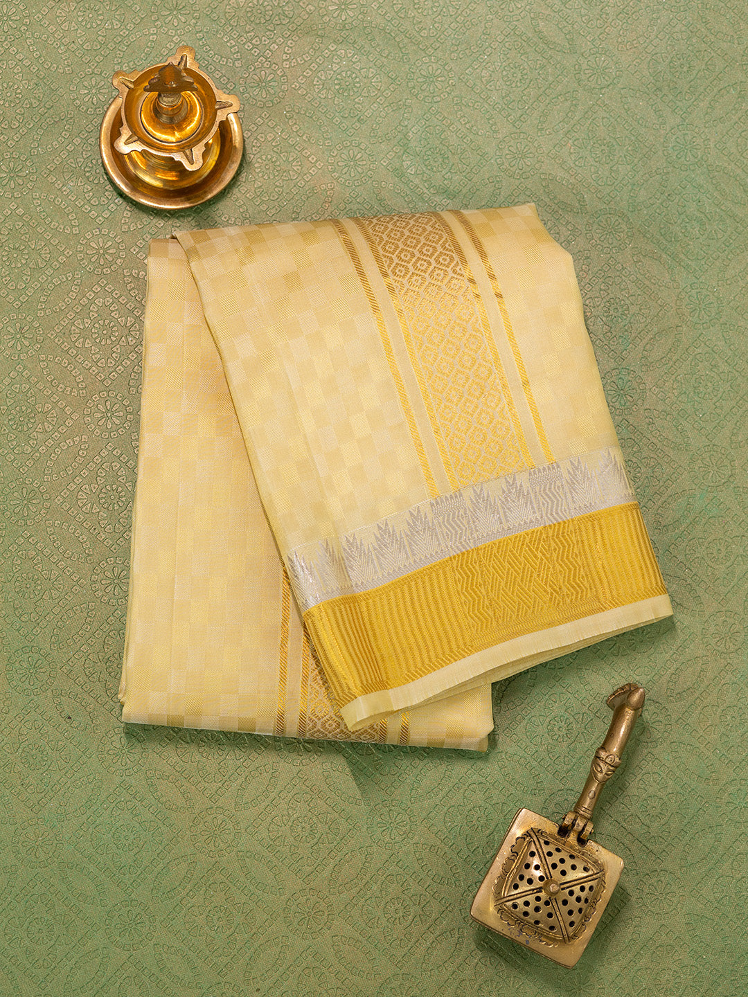 Men Pure Silk Gold Dhoti & Towel Set with 3" inch Fancy Jari Border TK18