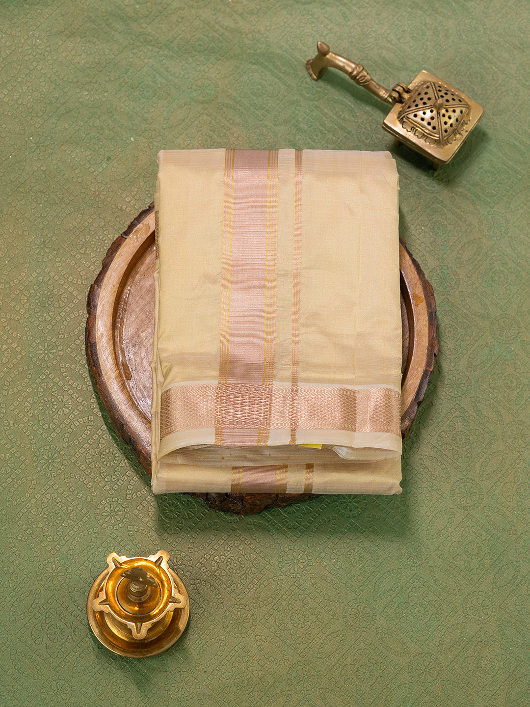 Men Pure Silk Gold Dhoti & Towel Set with 1 1/2" inch Jari Border TKC04