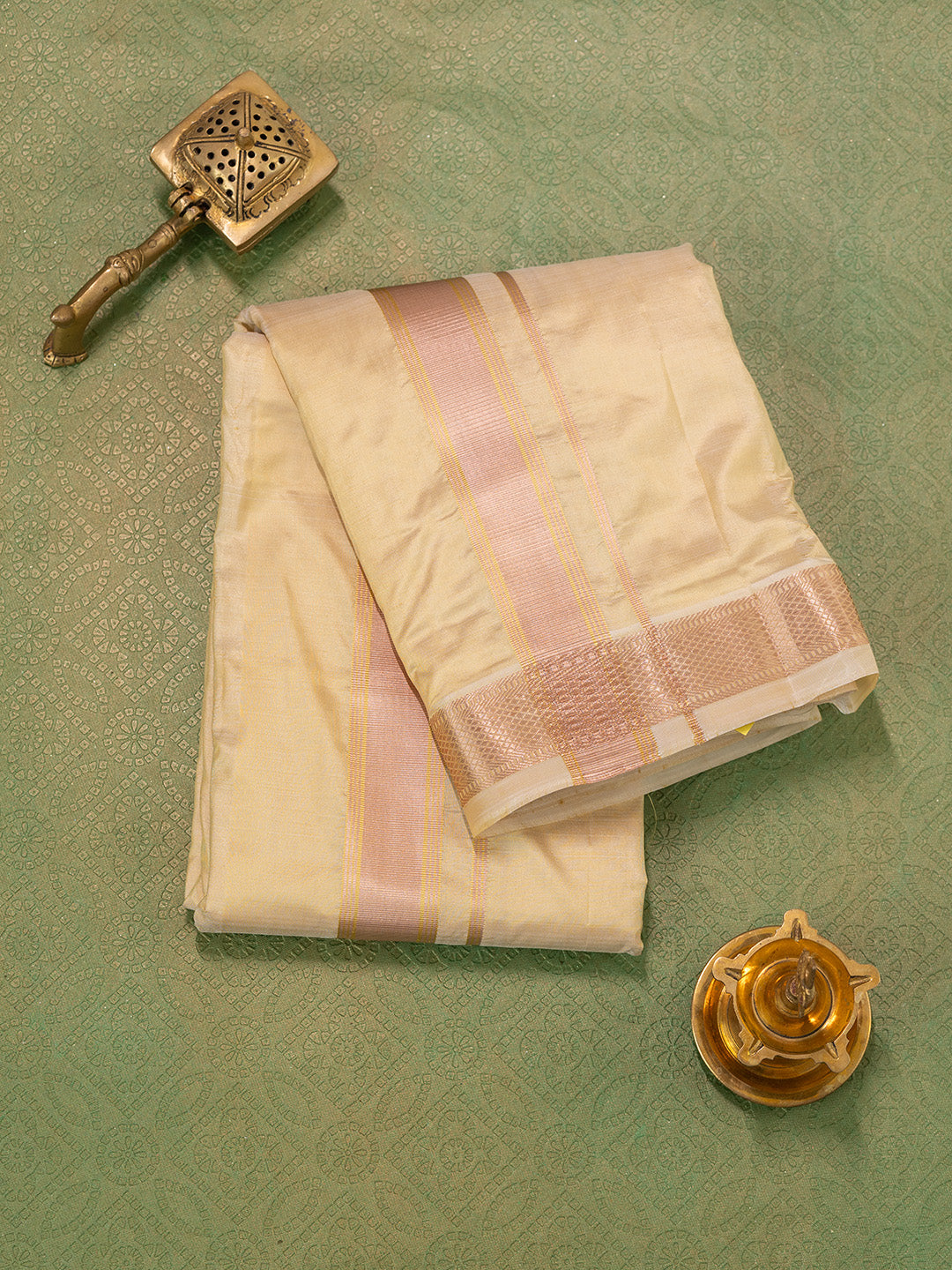 Men Pure Silk Gold Dhoti & Towel Set with 1 1/2" inch Jari Border TKC04