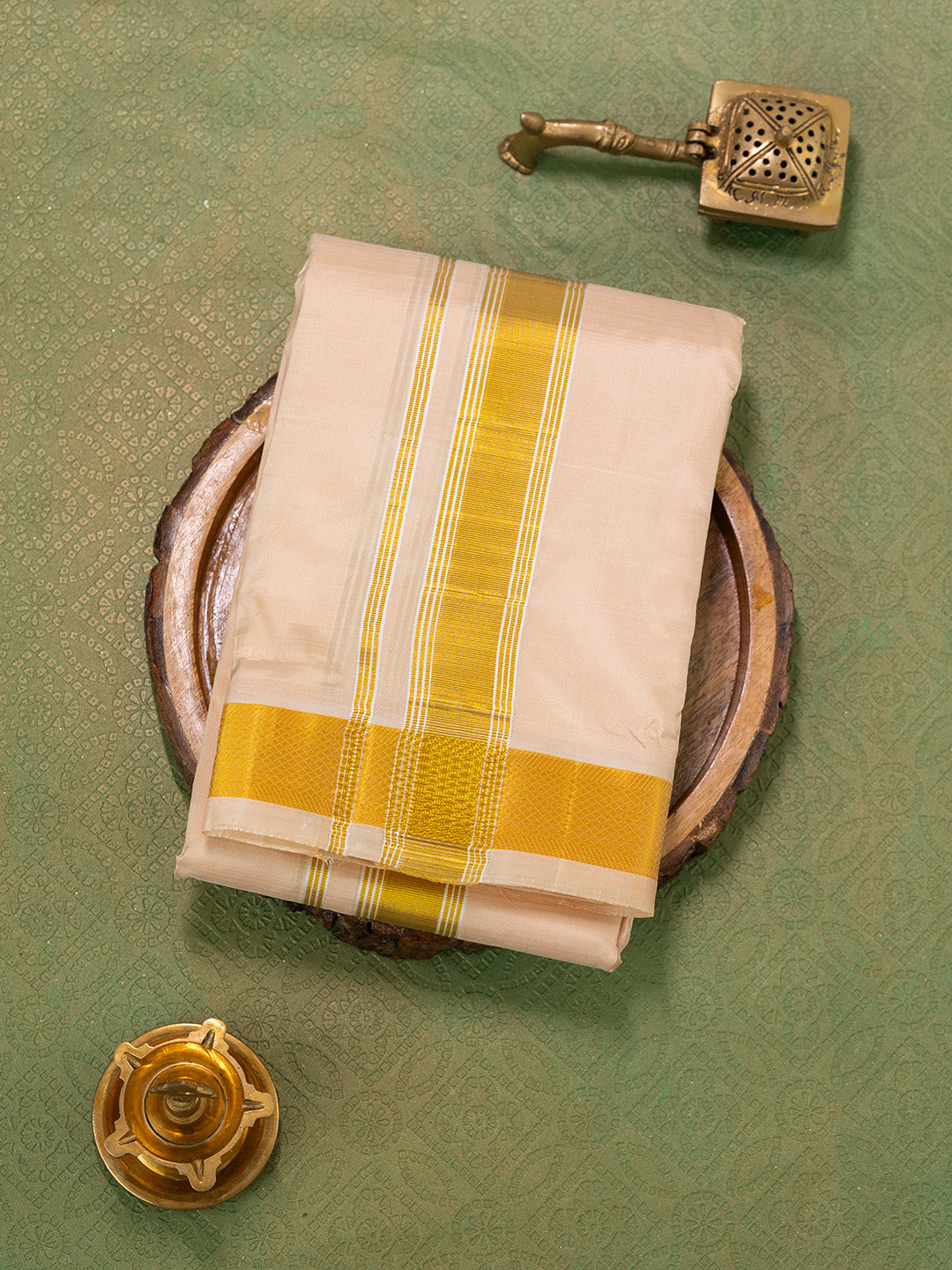 Men Pure Silk Peach Dhoti & Towel Set with 1 1/2" inch Fancy Jari Border TKC07