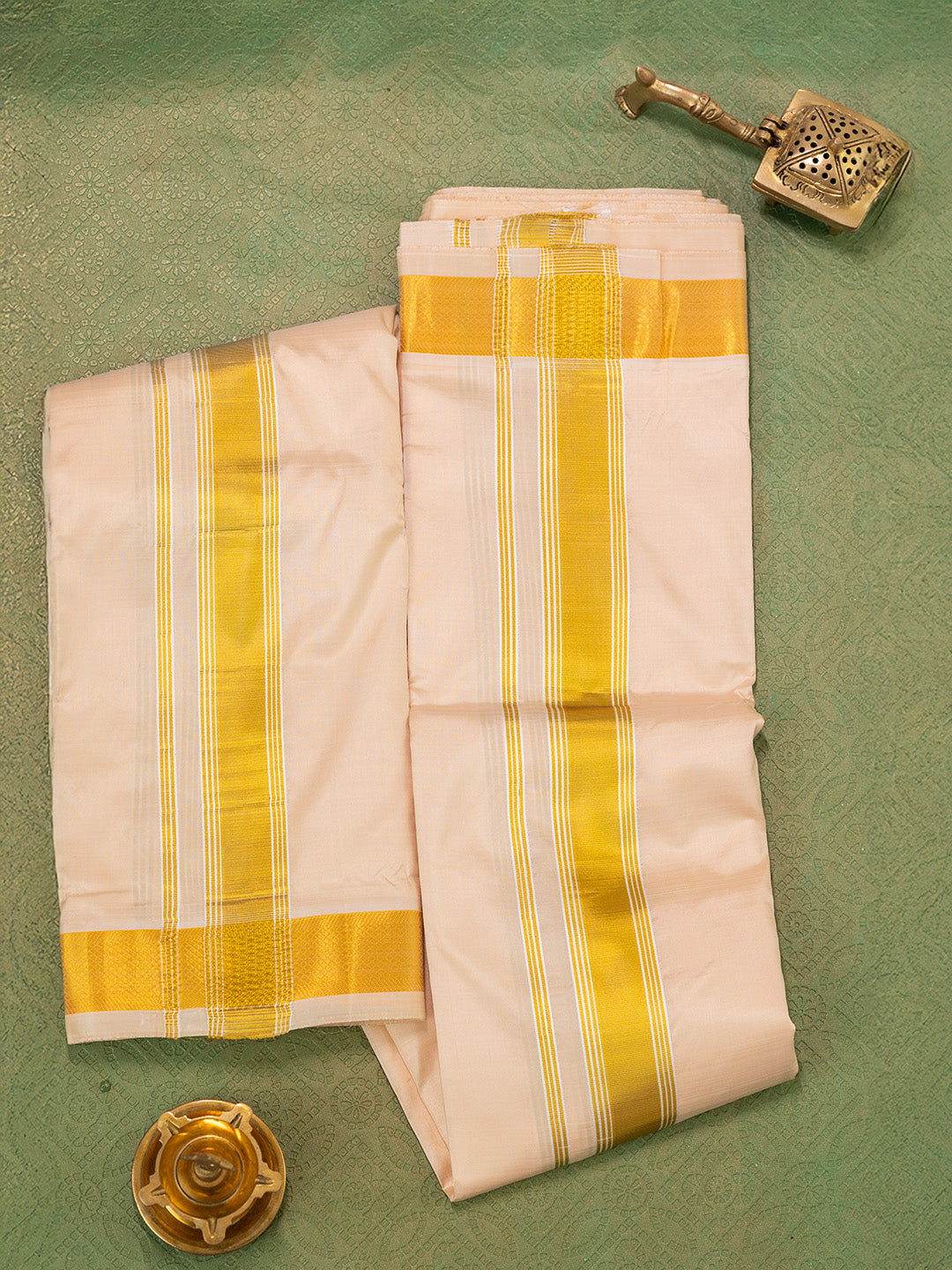 Men Pure Silk Peach Dhoti & Towel Set with 1 1/2" inch Fancy Jari Border TKC07