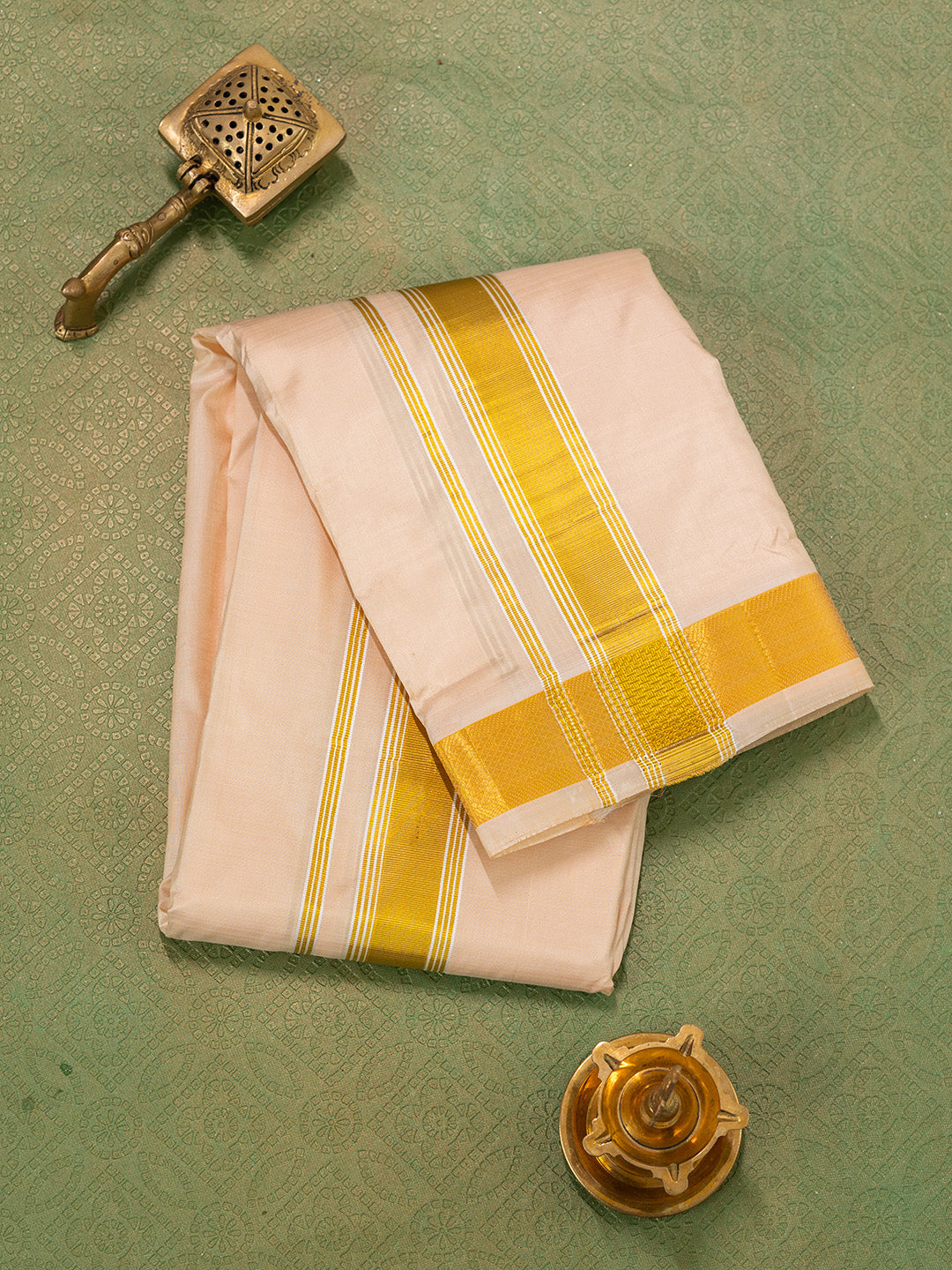 Men Pure Silk Peach Dhoti & Towel Set with 1 1/2" inch Fancy Jari Border TKC07