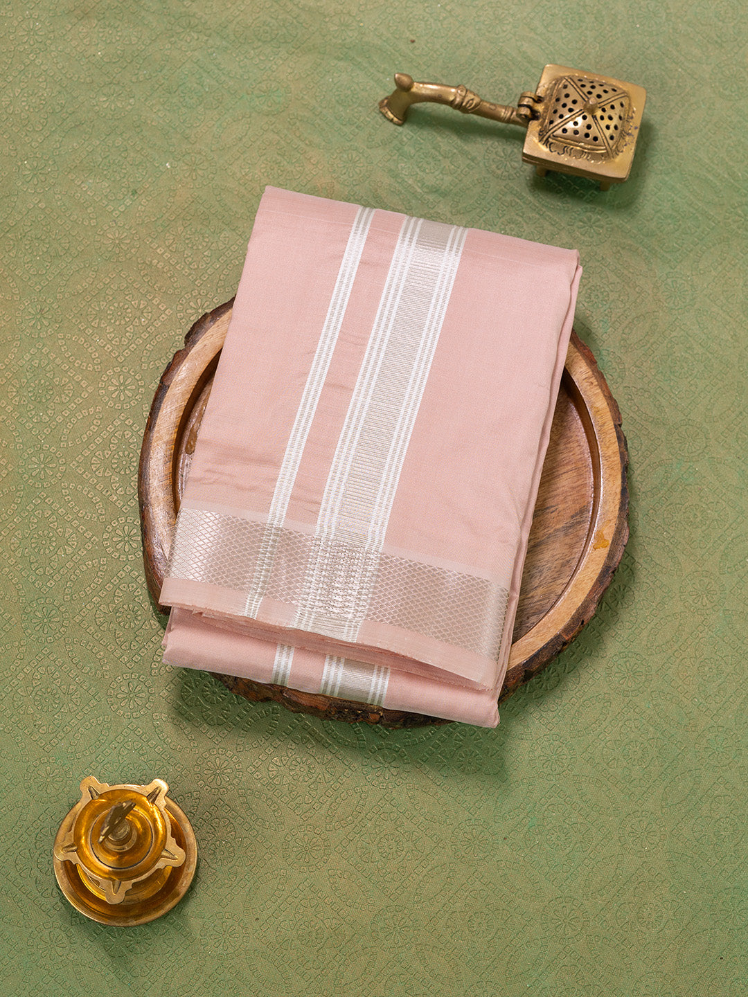 Men Pure Silk Copper Dhoti & Towel Set with 1 1/2" inch Silver Jari Border TKC01