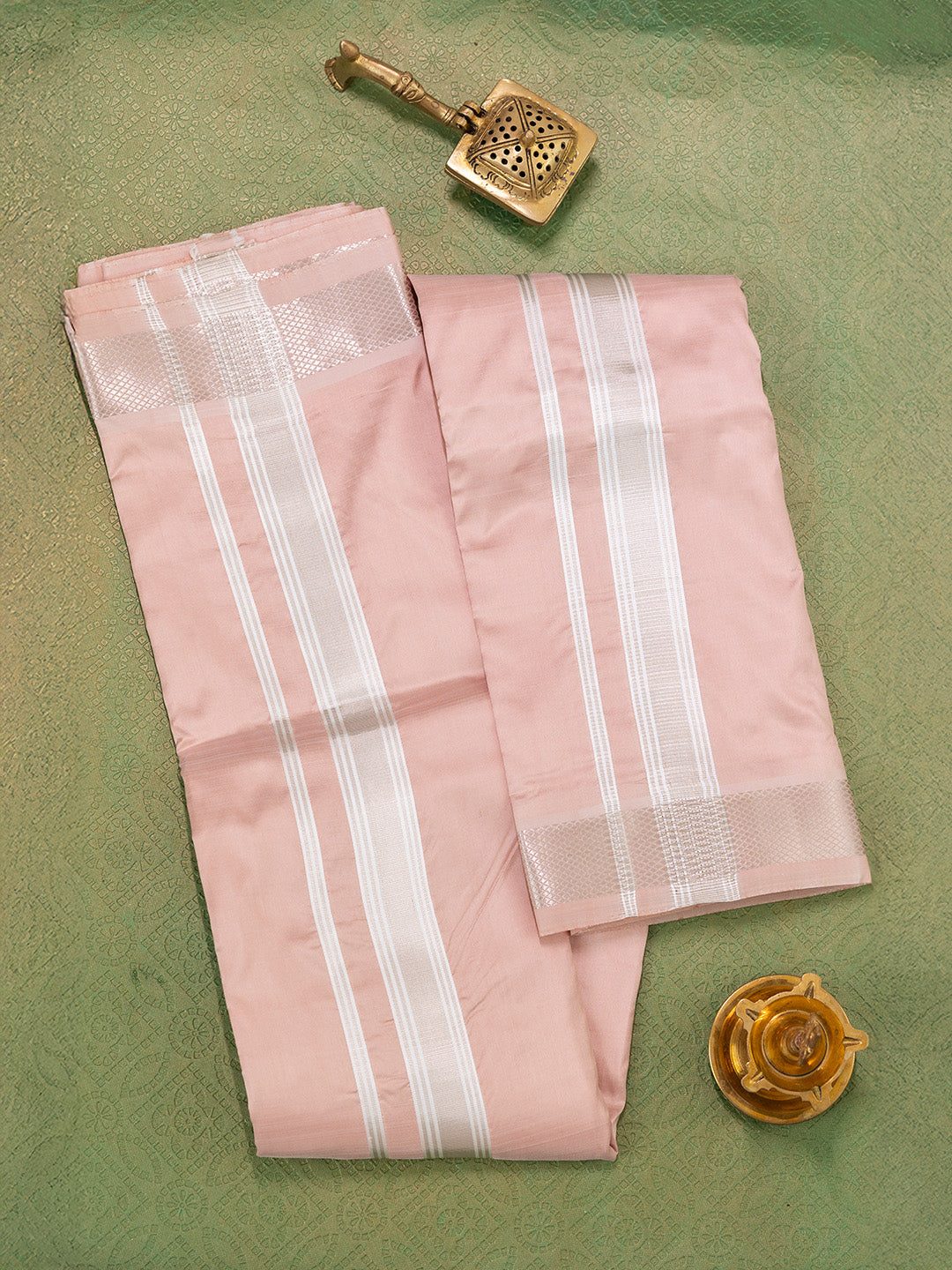 Men Pure Silk Copper Dhoti & Towel Set with 1 1/2" inch Silver Jari Border TKC01