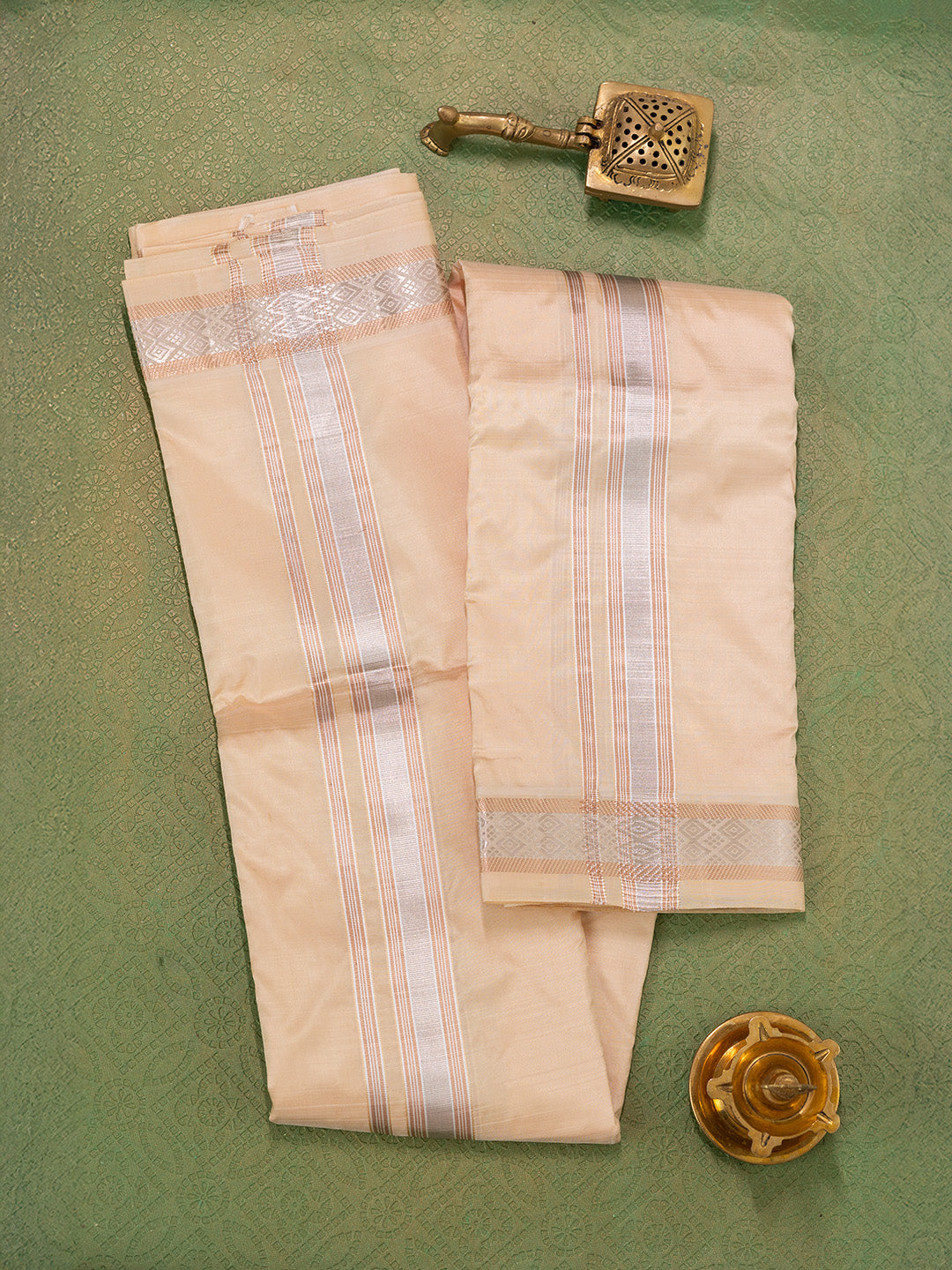 Men Pure Silk Sandal Dhoti & Towel Set with 1 1/2" inch Jari Border TKC03