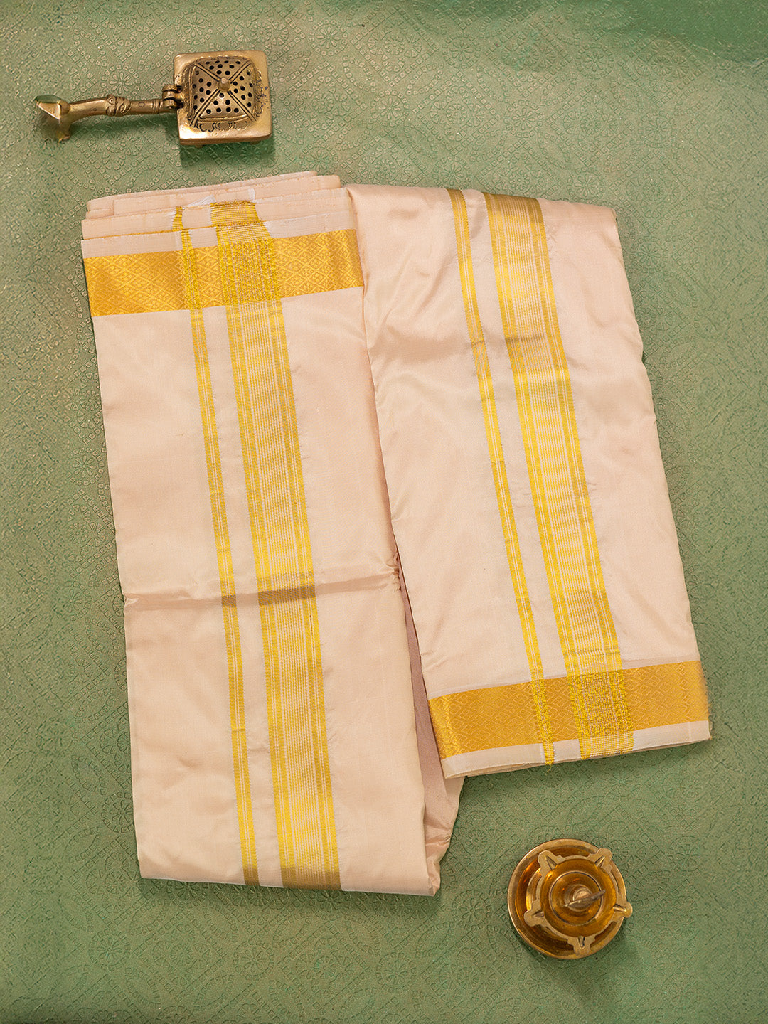 Men Pure Silk Light Peach Dhoti & Towel Set with 1 1/2" inch Jari Border TKC08