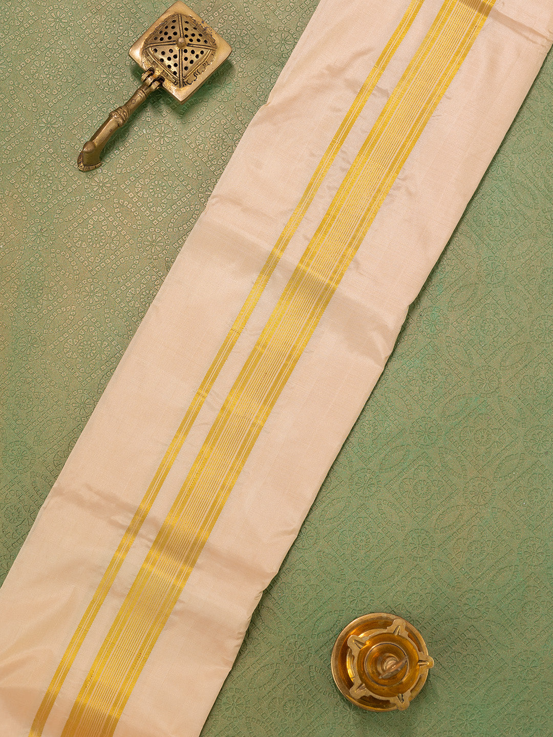 Men Pure Silk Light Peach Dhoti & Towel Set with 1 1/2" inch Jari Border TKC08