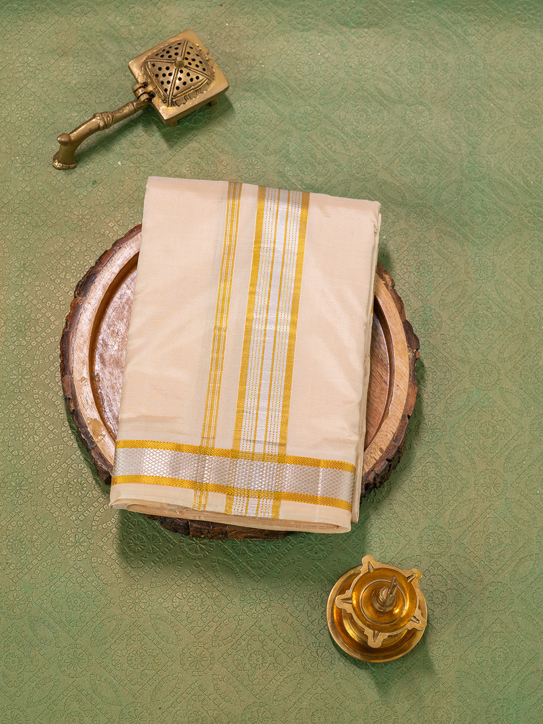 Men Pure Silk Peach Dhoti & Towel Set with 1 1/2" inch Fancy Jari Border TKC09