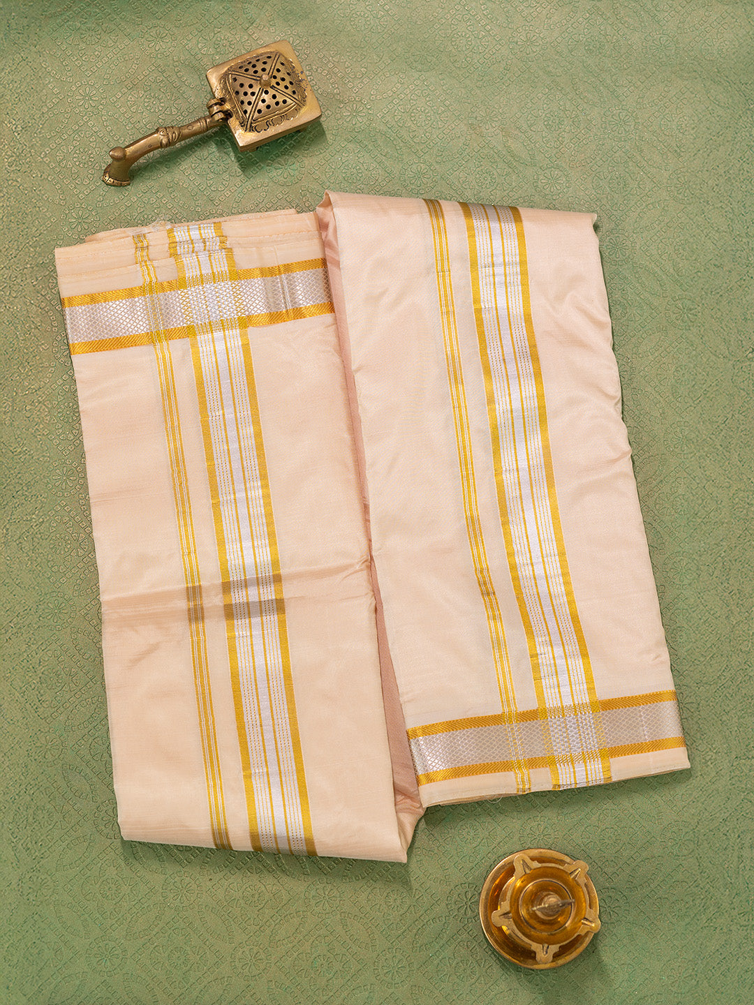 Men Pure Silk Peach Dhoti & Towel Set with 1 1/2" inch Fancy Jari Border TKC09
