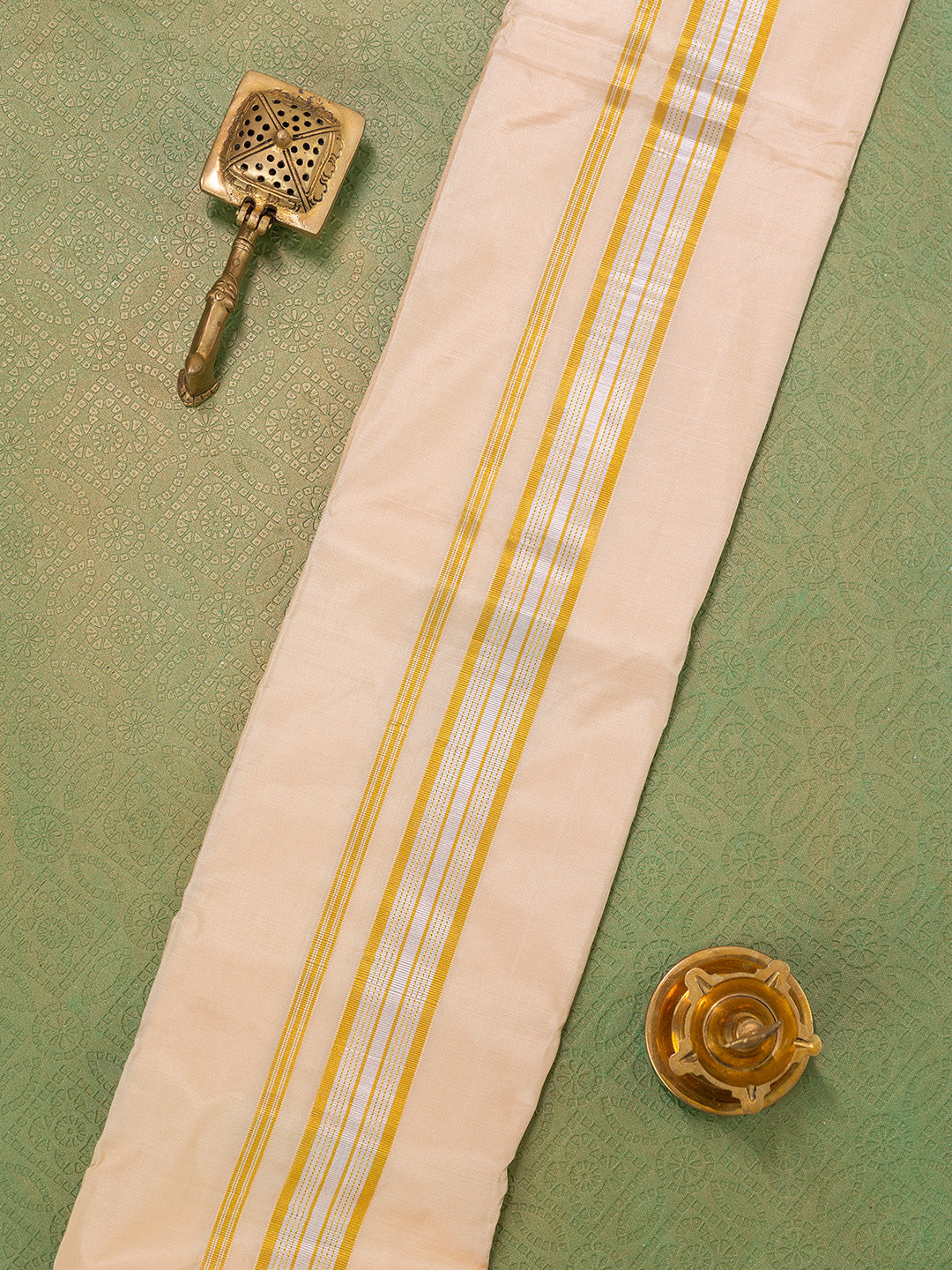 Men Pure Silk Peach Dhoti & Towel Set with 1 1/2" inch Fancy Jari Border TKC09