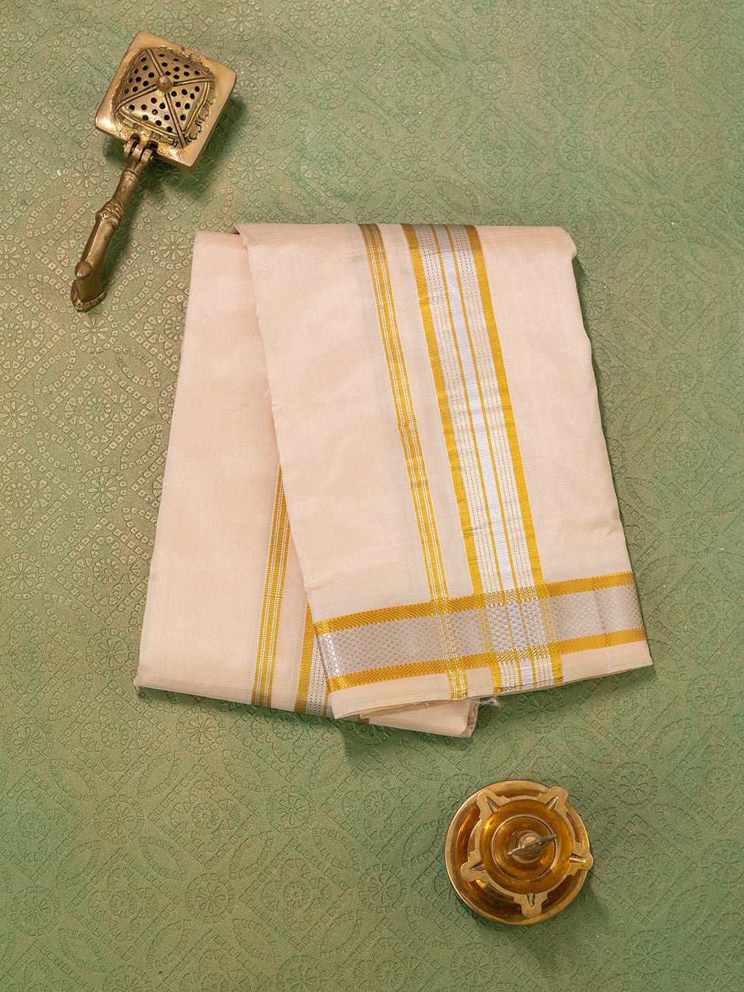 Men Pure Silk Peach Dhoti & Towel Set with 1 1/2" inch Fancy Jari Border TKC09