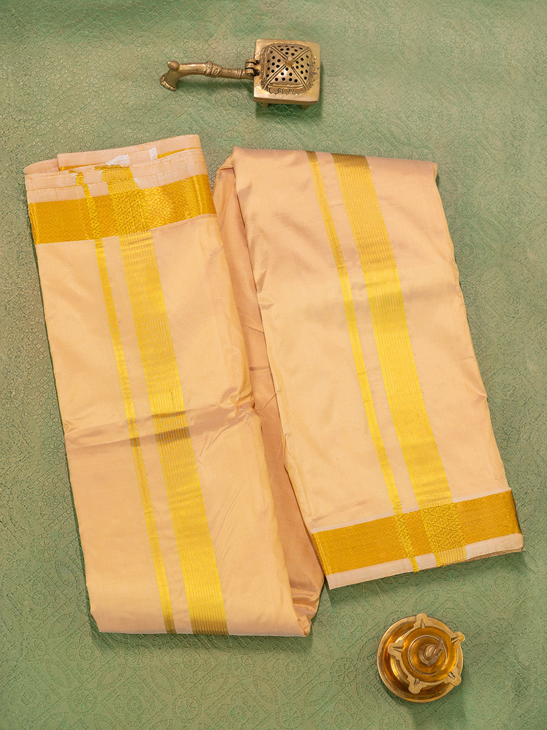 Men Pure Silk Gold Dhoti & Towel Set with 1 1/2" inch Gold Jari Border TKC06