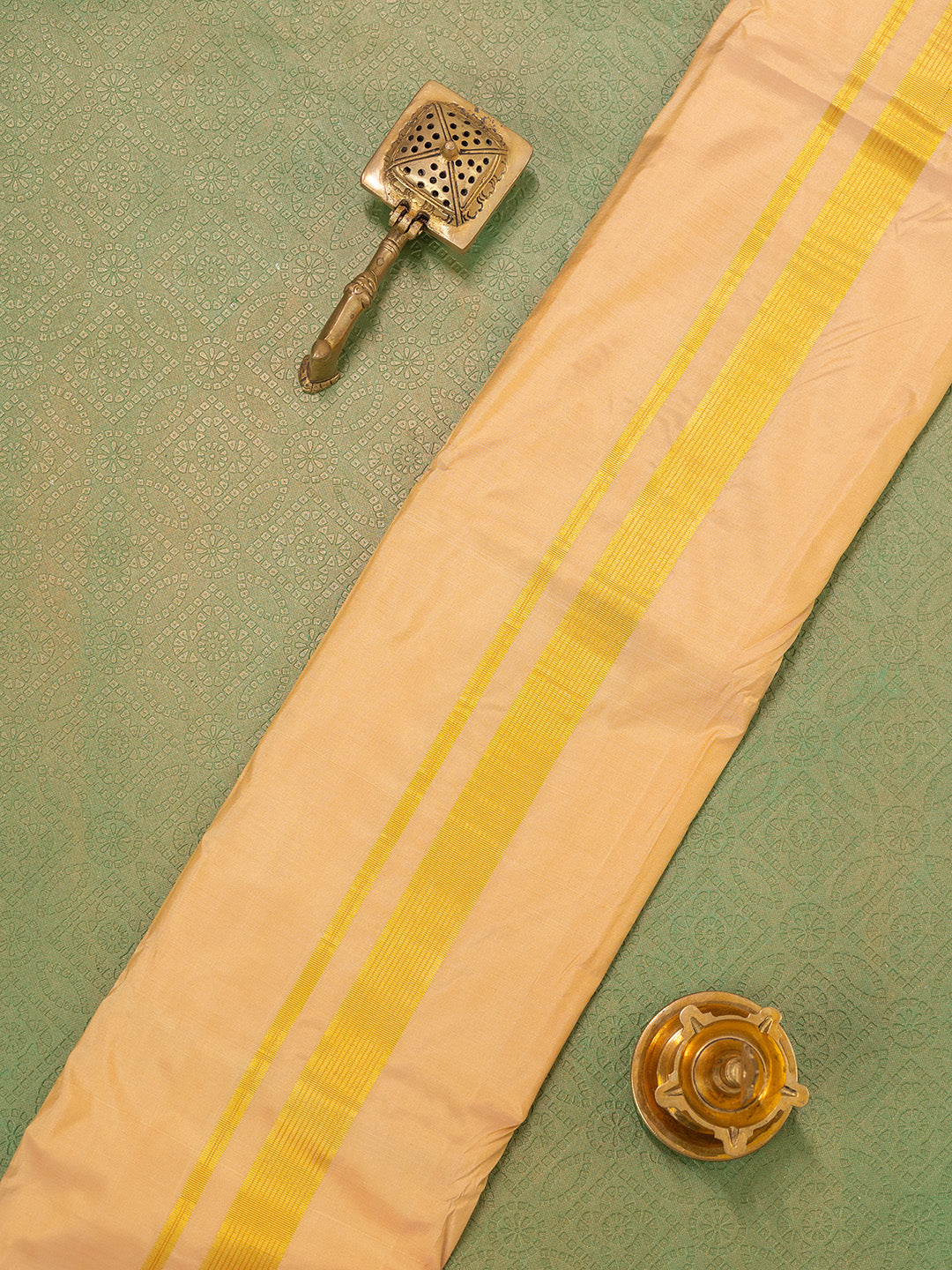 Men Pure Silk Gold Dhoti & Towel Set with 1 1/2" inch Gold Jari Border TKC06