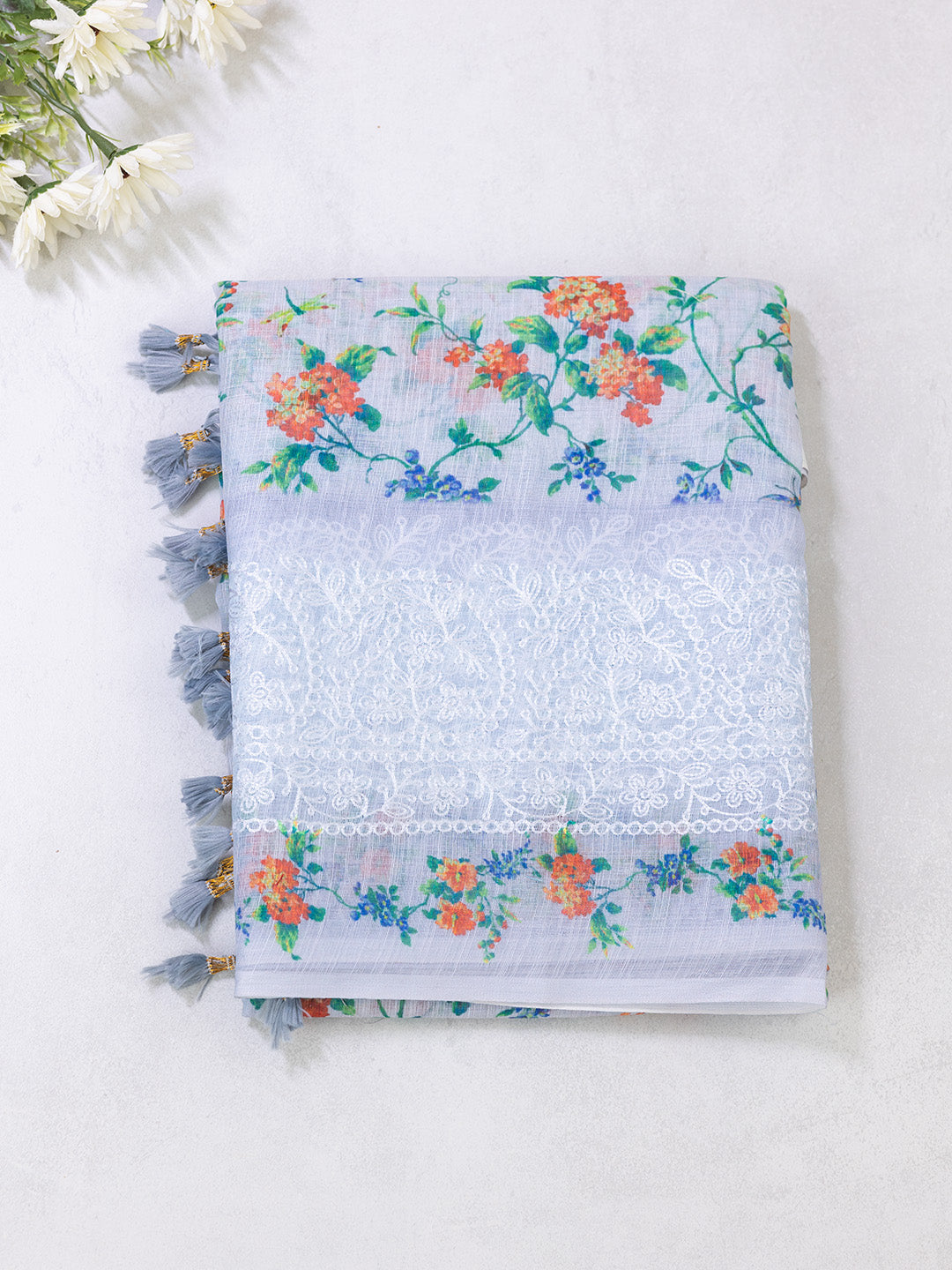 Women Semi Linen Saree Light Blue SL210