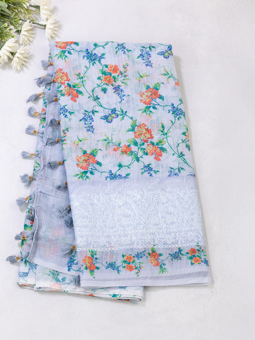 Women Semi Linen Saree Light Blue SL210