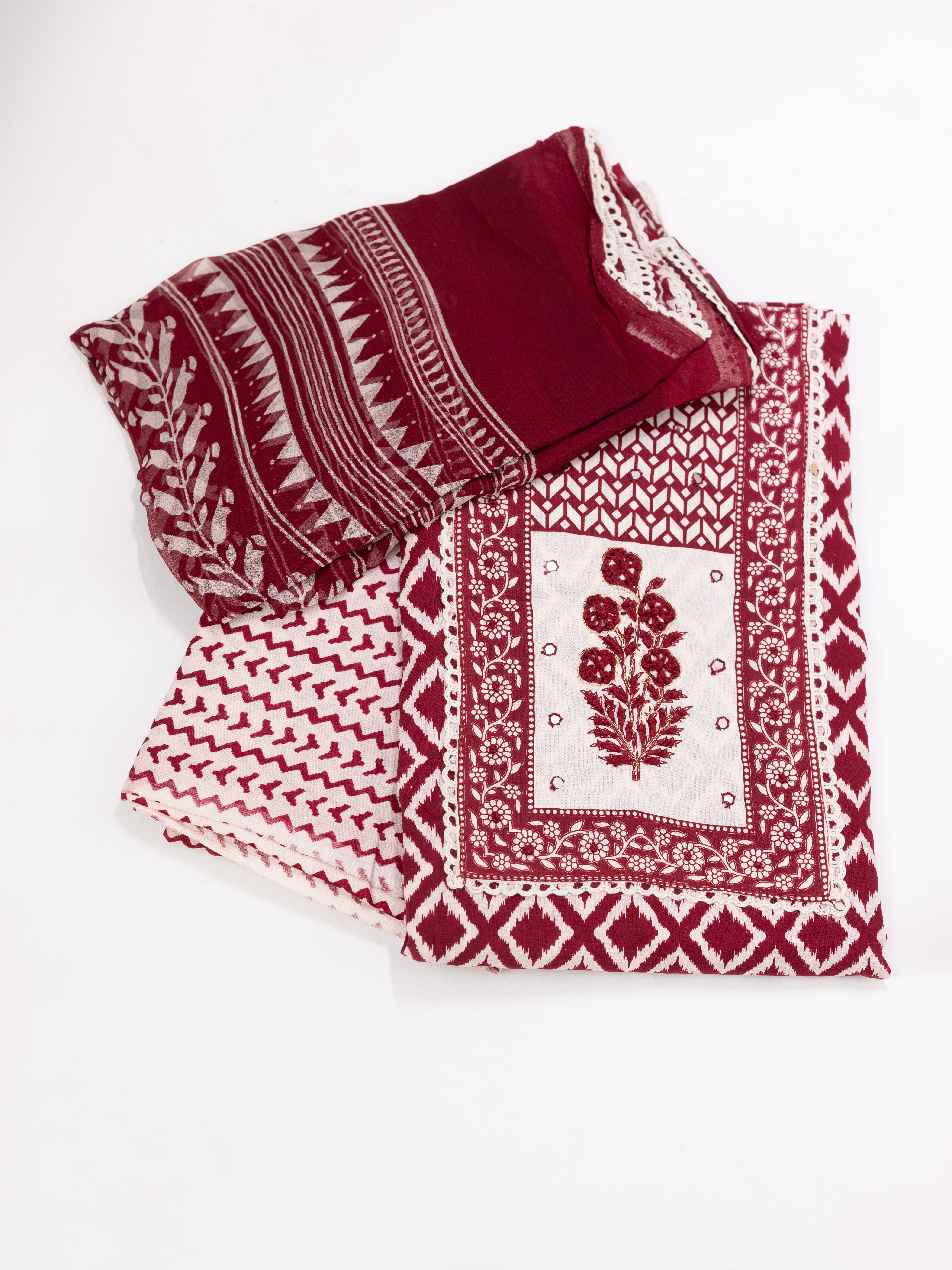 Women Pure Cotton Printed Dress Material Maroon DM318