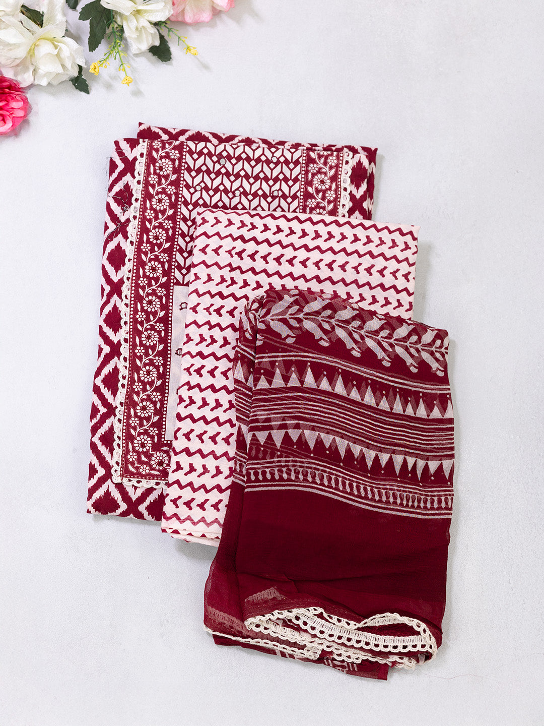 Women Pure Cotton Printed Dress Material Maroon DM318