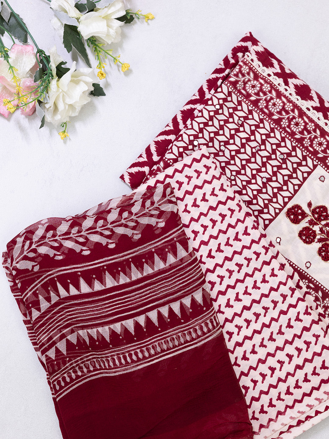 Women Pure Cotton Printed Dress Material Maroon DM318