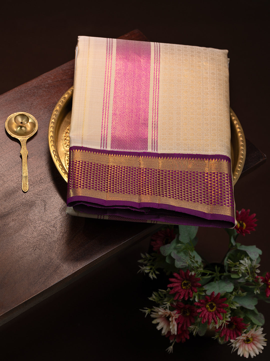 Men Premium Pure Silk Fawn Dhoti & Towel Set with 2-gram Gold Coating Jari Border Amirtham