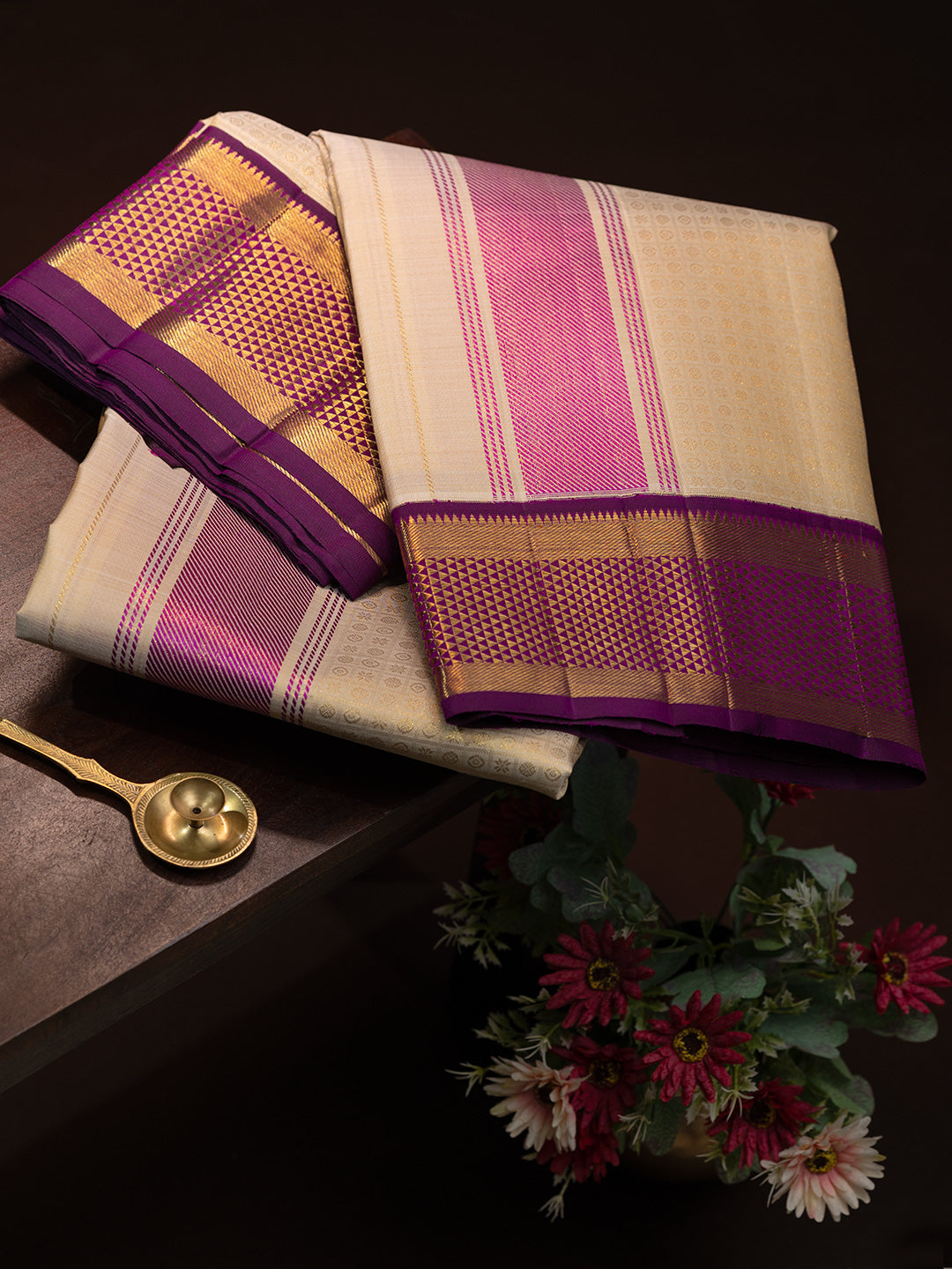Men Premium Pure Silk Fawn Dhoti & Towel Set with 2-gram Gold Coating Jari Border Amirtham