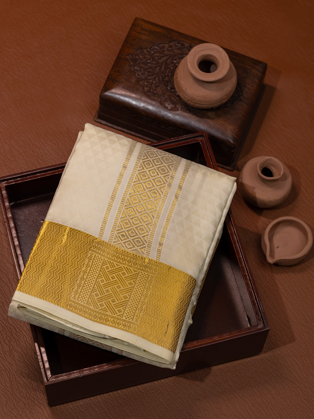 Men Pure Silk Cream Dhoti & Towel Set with 3" inch Gold Jari Border TK22