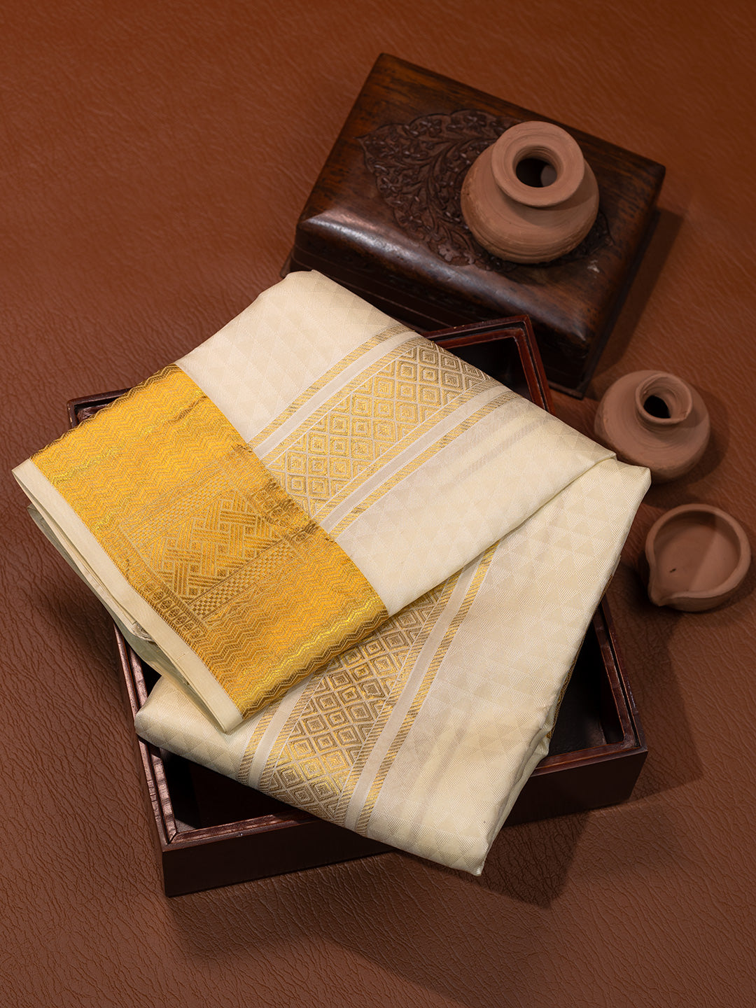Men Pure Silk Cream Dhoti & Towel Set with 3" inch Gold Jari Border TK22