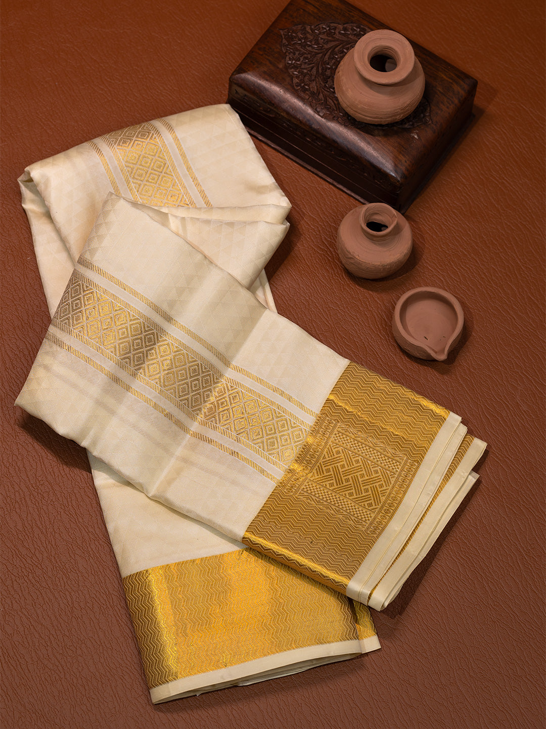 Men Pure Silk Cream Dhoti & Towel Set with 3" inch Gold Jari Border TK22