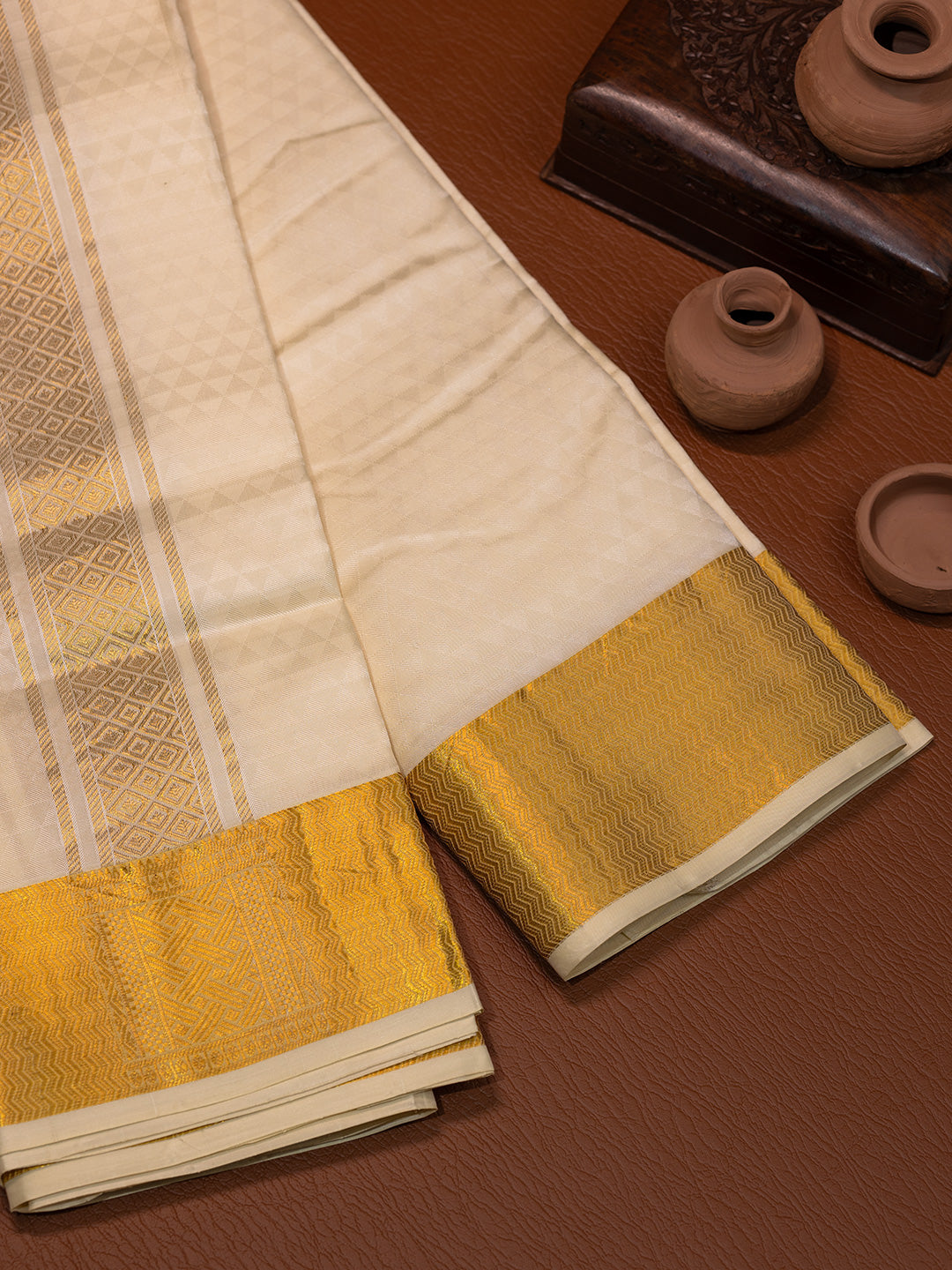 Men Pure Silk Cream Dhoti & Towel Set with 3" inch Gold Jari Border TK22