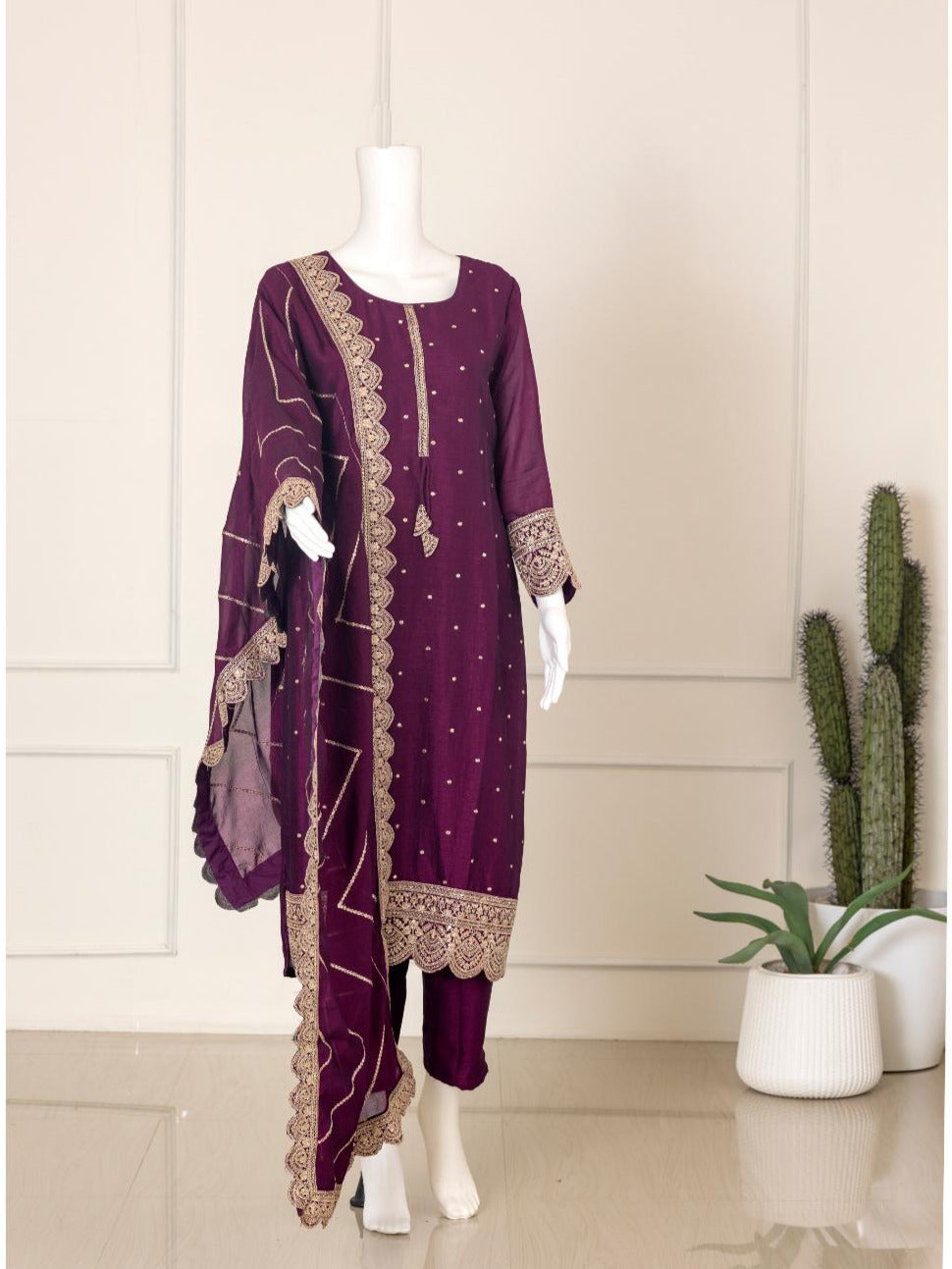 Women Cotton Embroidered Kurti Set Dark Purple EKS71
