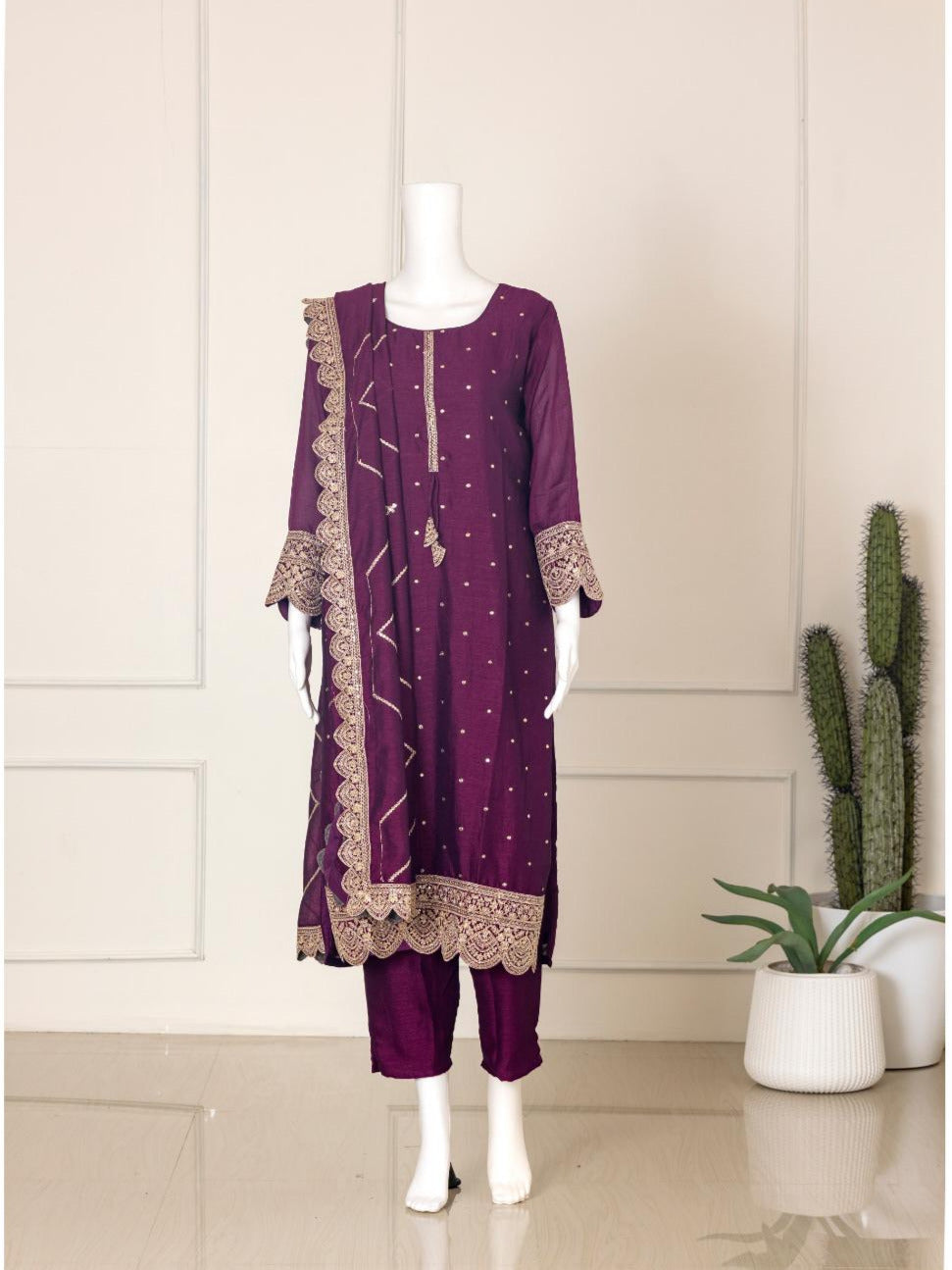 Women Cotton Embroidered Kurti Set Dark Purple EKS71