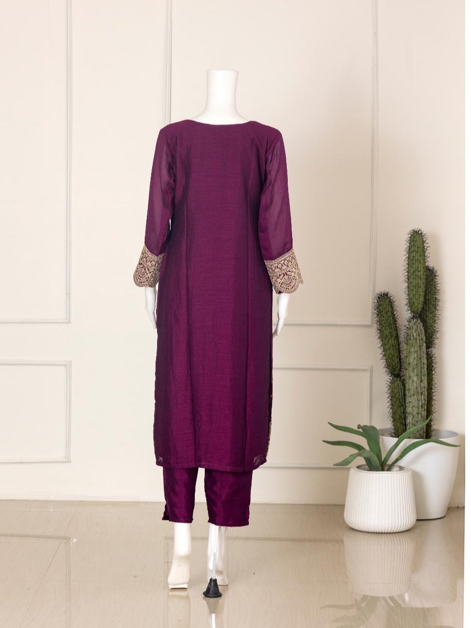 Women Silky Crush Embroidered Kurti Set Dark Purple EKS71