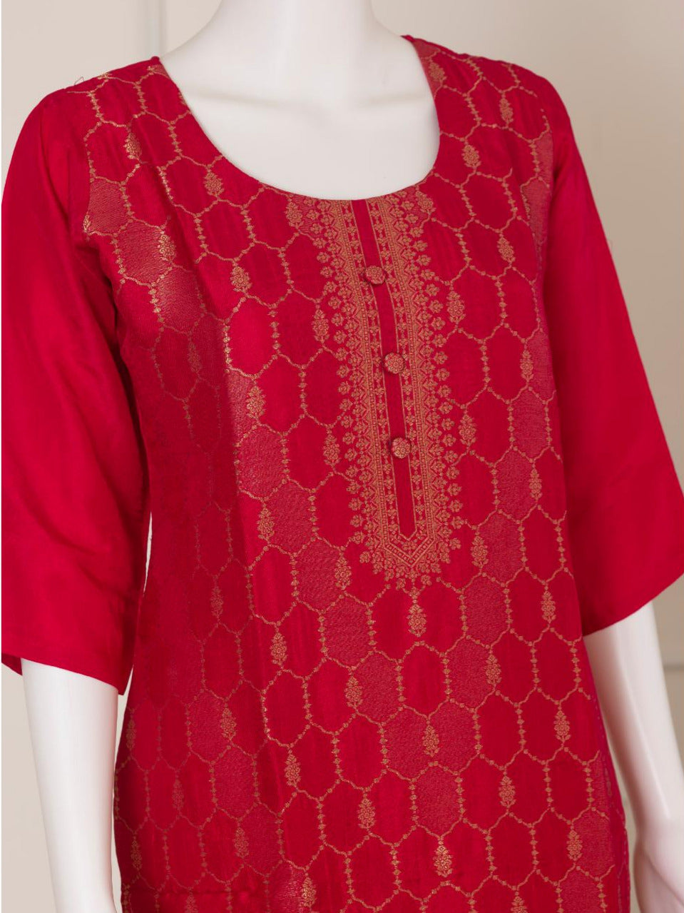 Women Silky Crush Embroidered Kurti Set Dark Pink EKS70