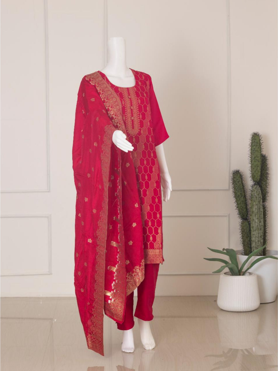Women Silky Crush Embroidered Kurti Set Dark Pink EKS70