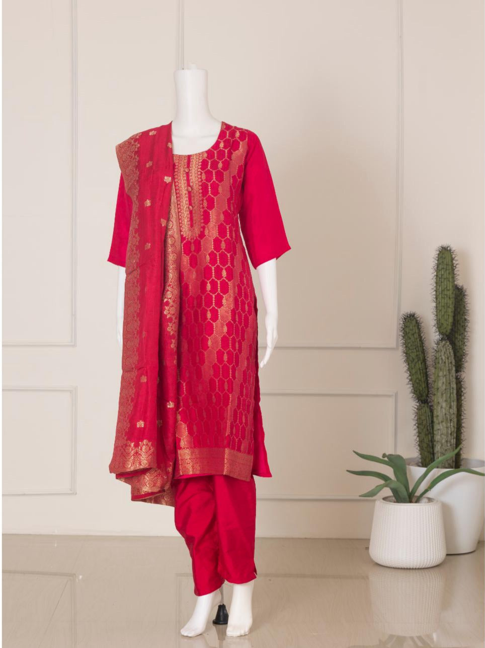 Women Silky Crush Embroidered Kurti Set Dark Pink EKS70