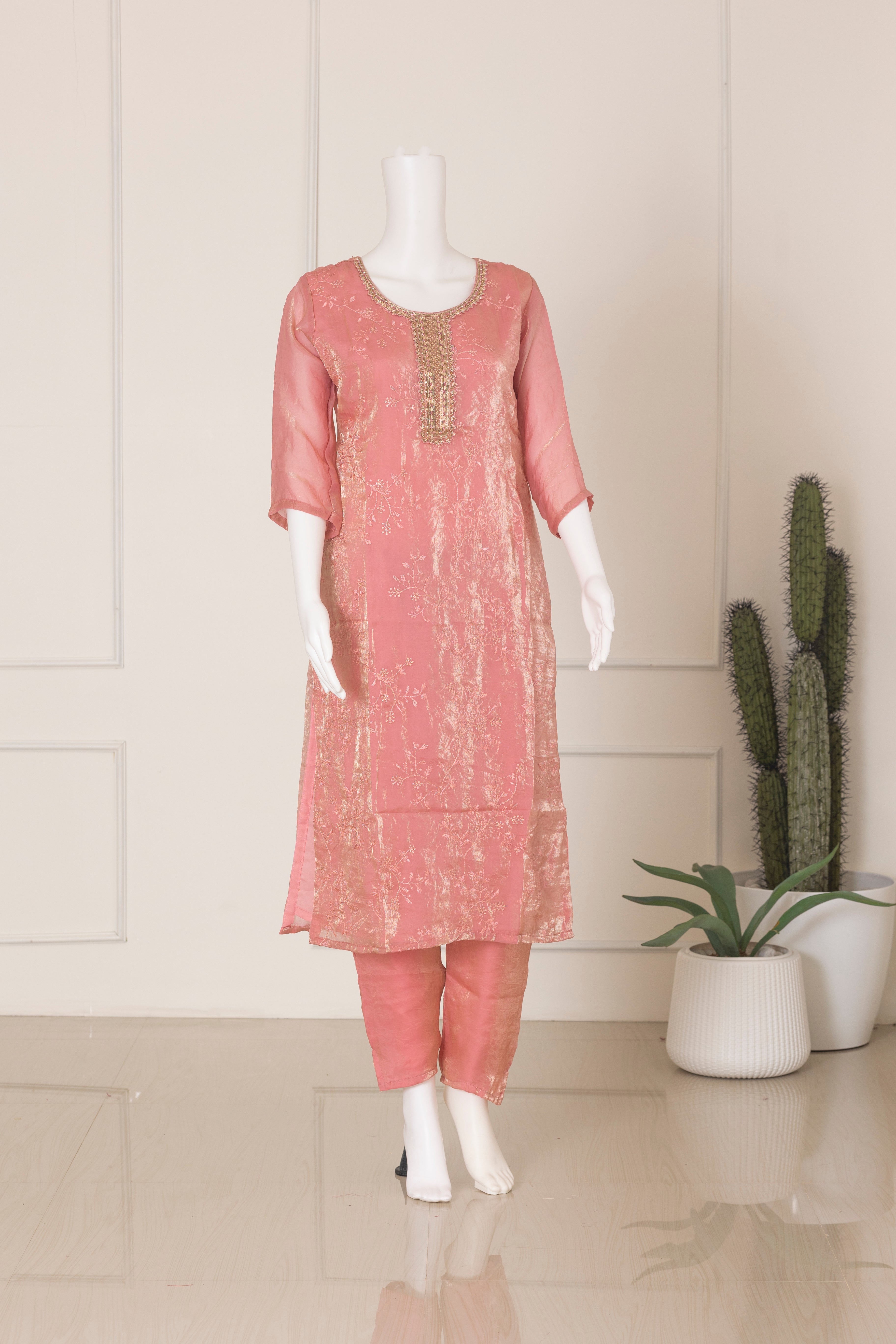 Women Silky Crush Embroidered Kurti Set Pink EKS73