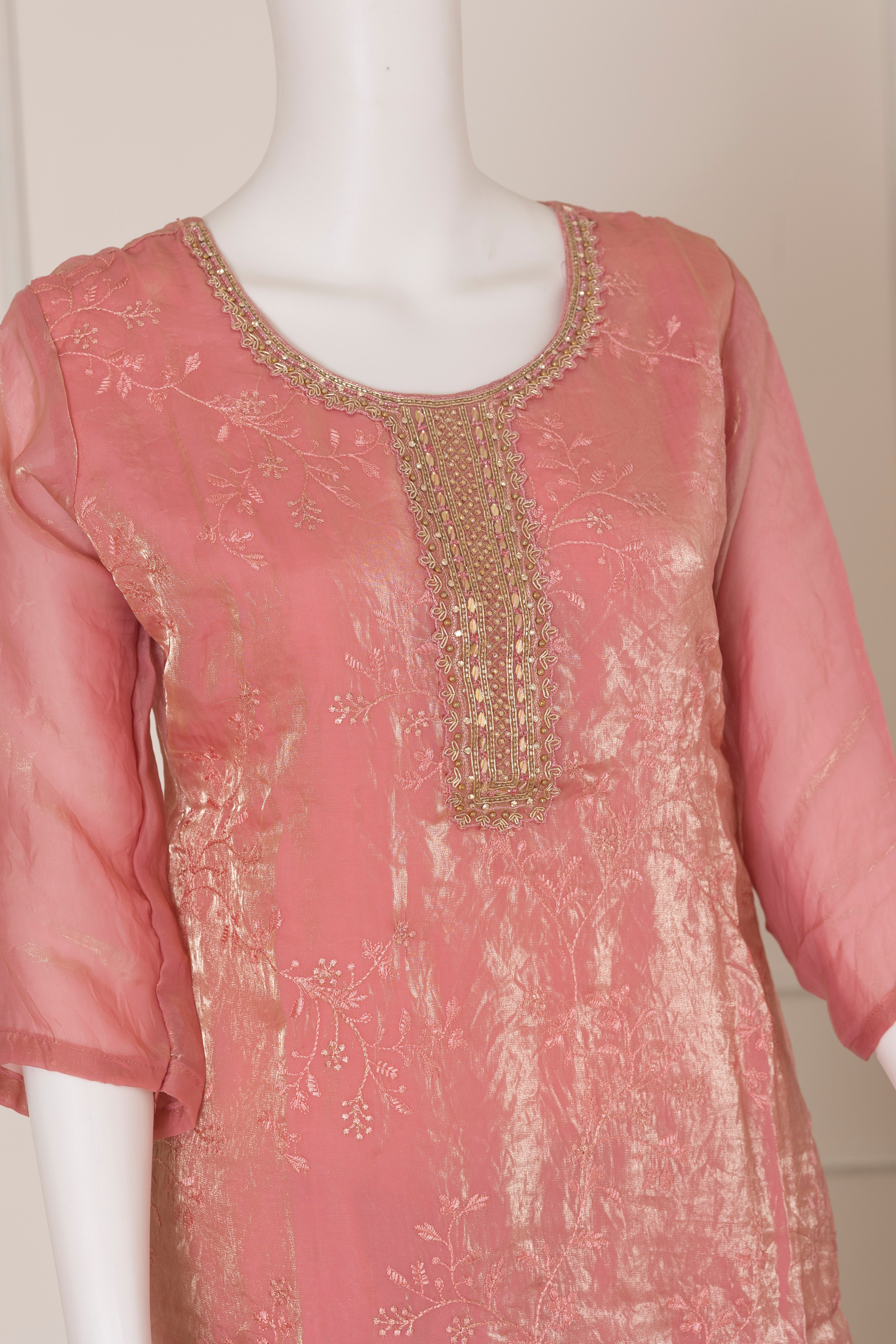 Women Silky Crush Embroidered Kurti Set Pink EKS73