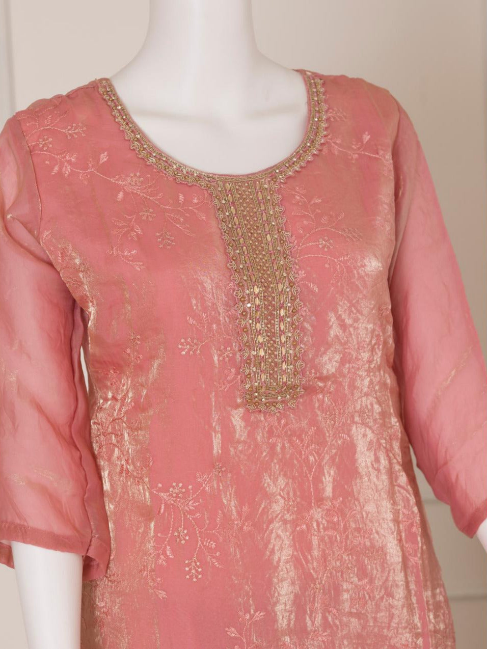 Women Silky Crush Embroidered Kurti Set Pink EKS73