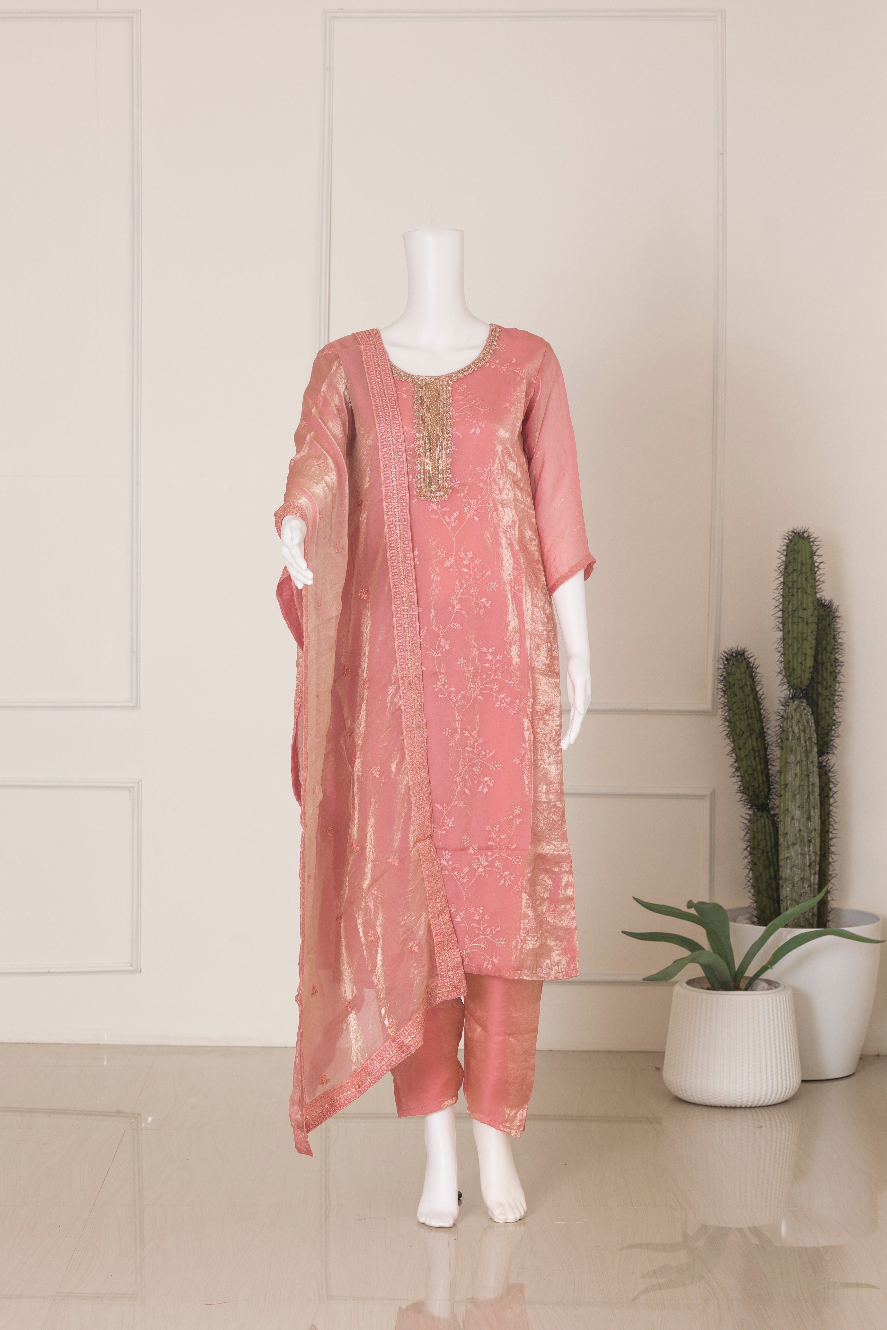 Women Silky Crush Embroidered Kurti Set Pink EKS73