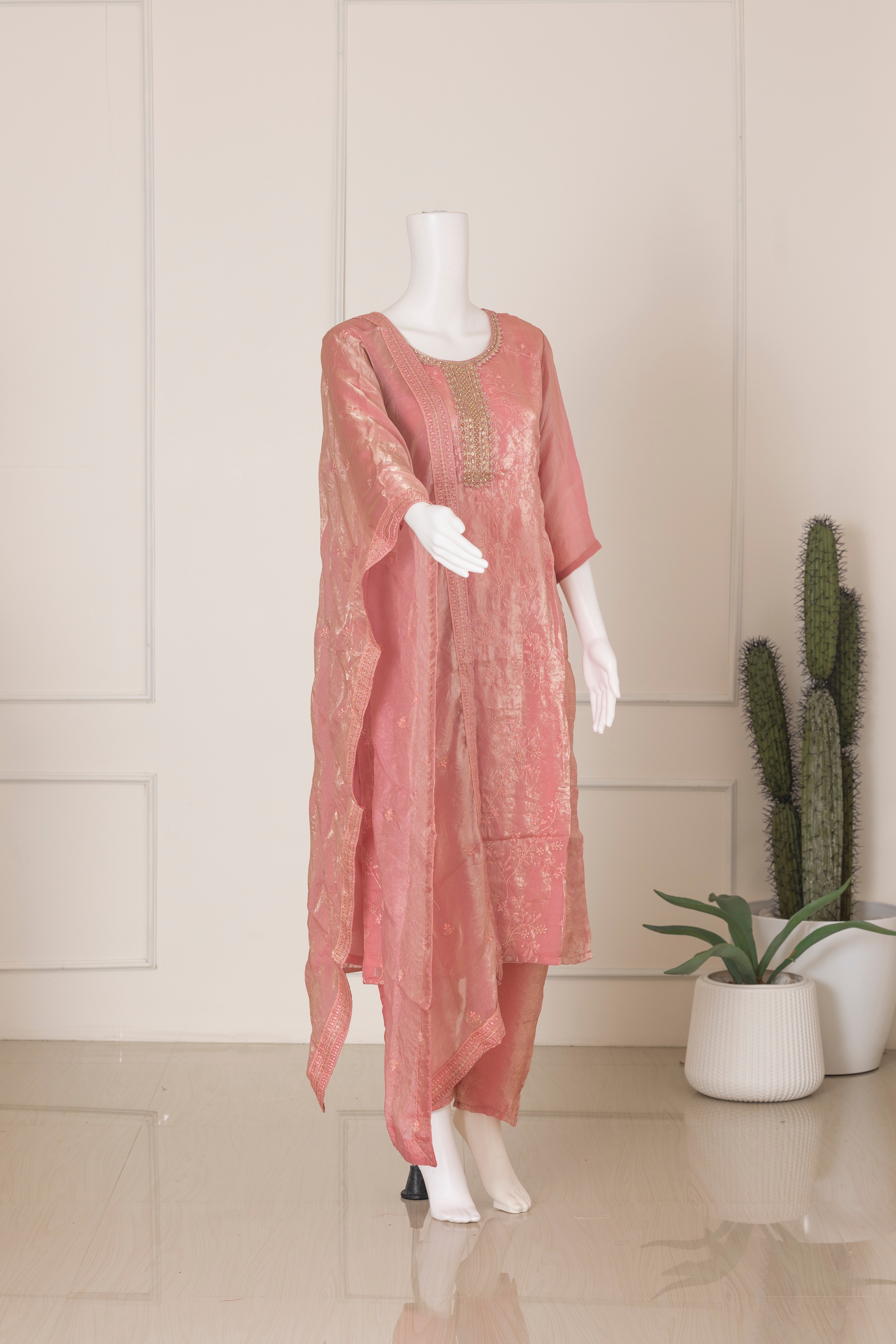 Women Silky Crush Embroidered Kurti Set Pink EKS73