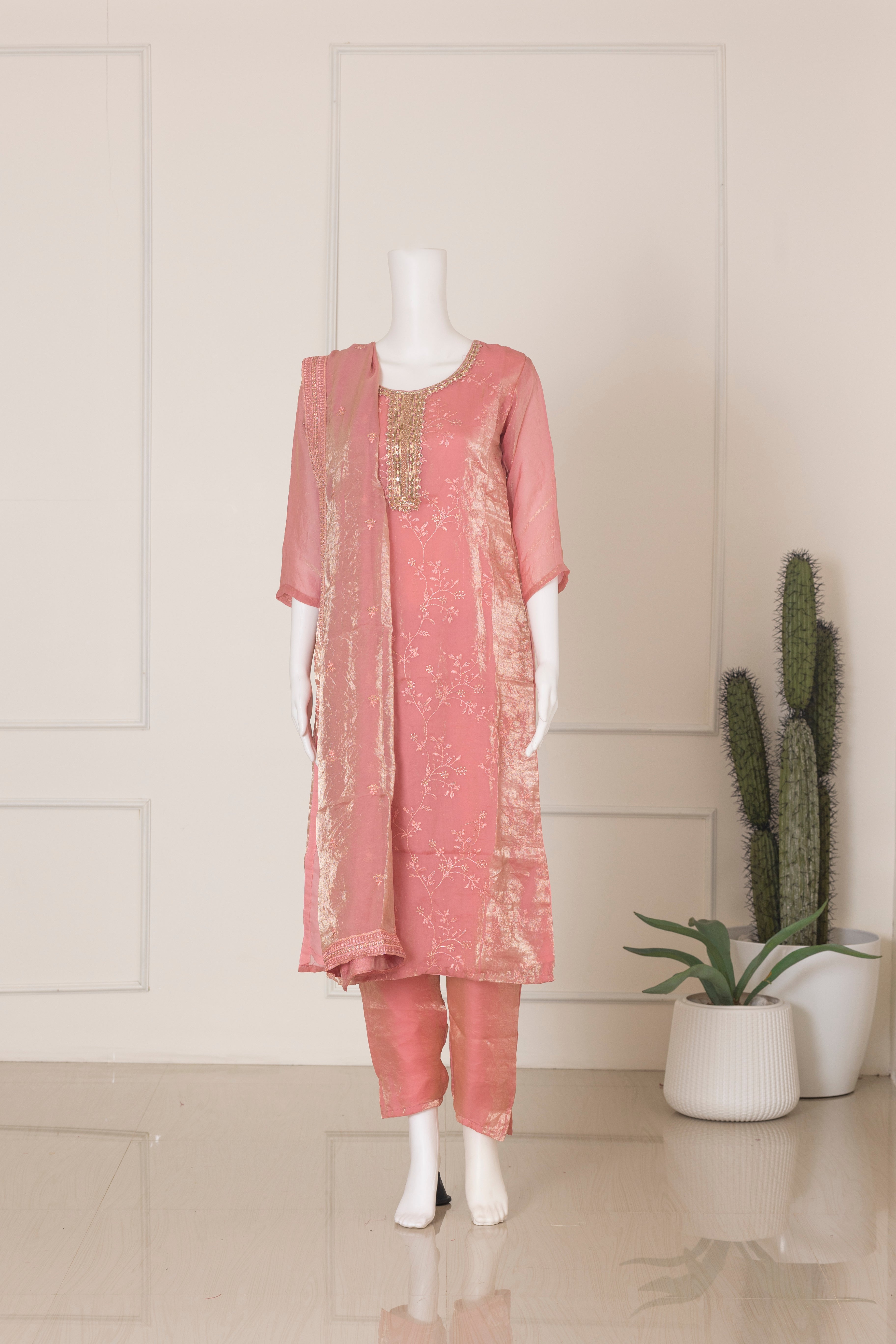 Women Silky Crush Embroidered Kurti Set Pink EKS73