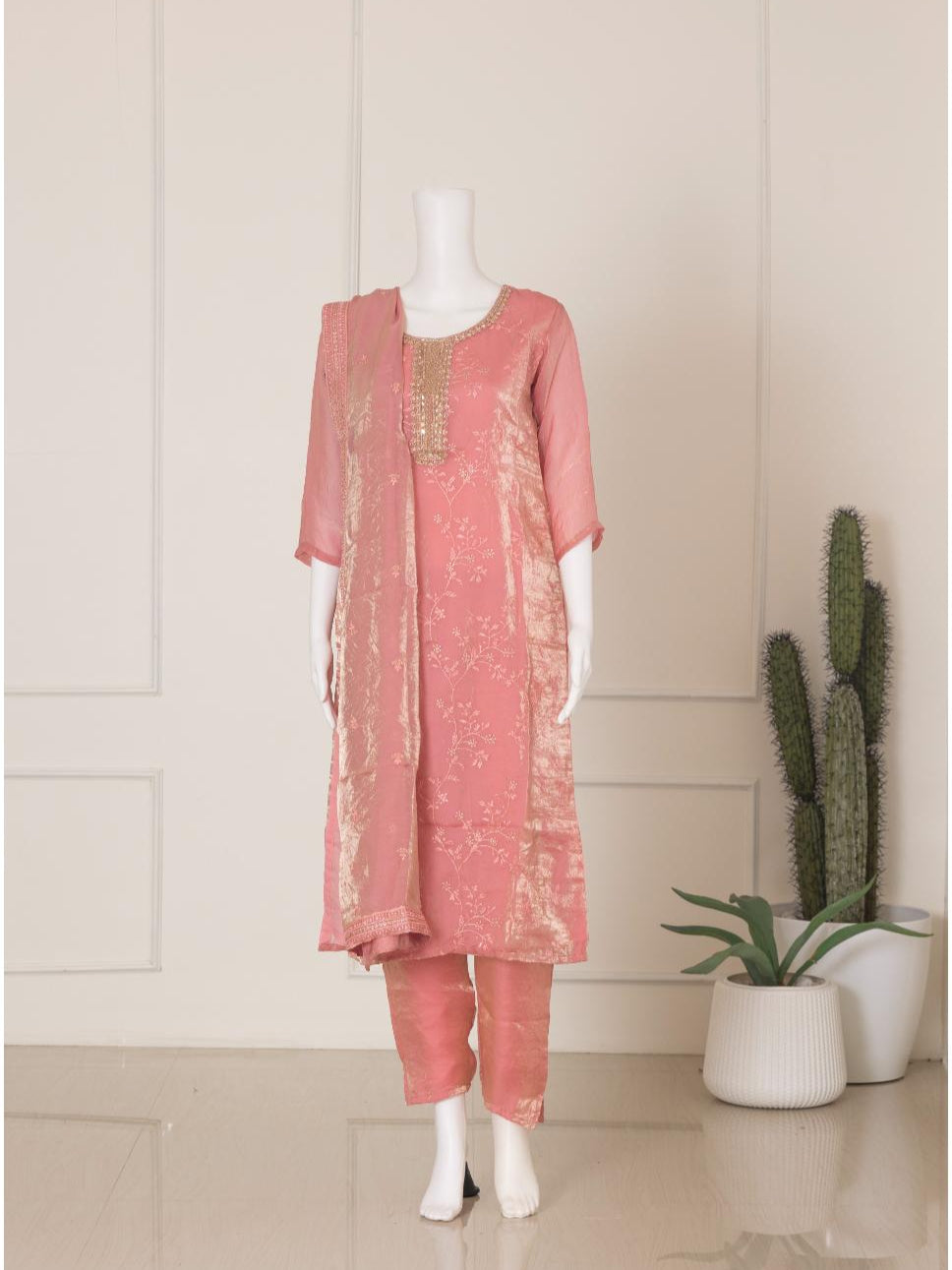 Women Silky Crush Embroidered Kurti Set Pink EKS73