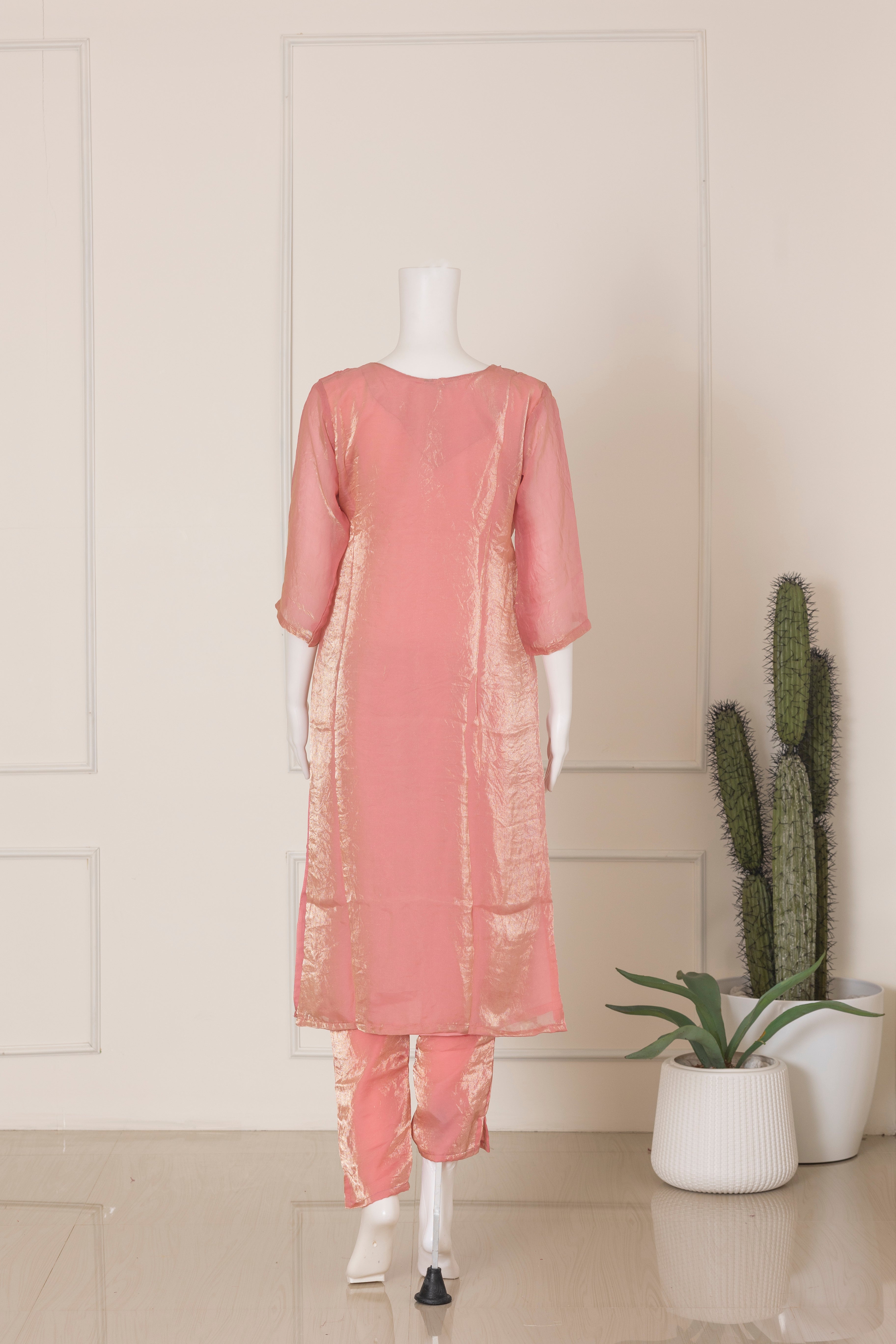 Women Silky Crush Embroidered Kurti Set Pink EKS73