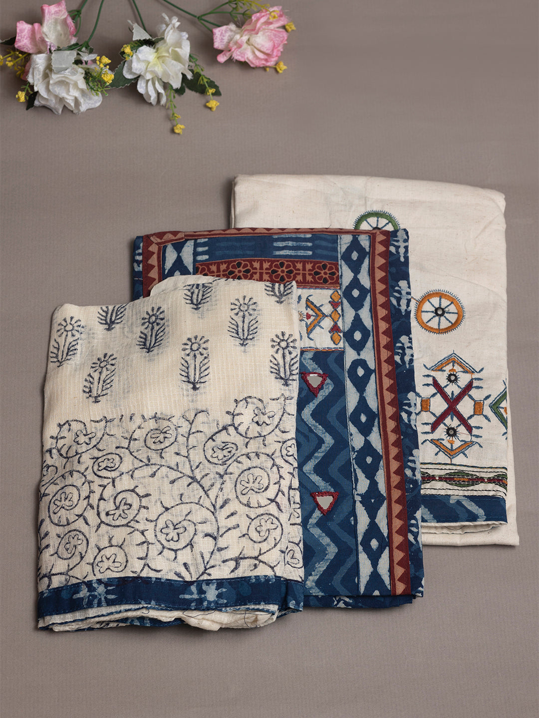 Women Kerala Printed Dress Material Blue with Cream DM310