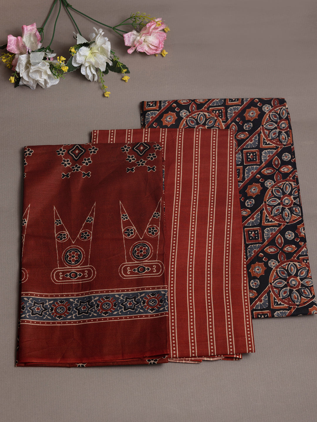 Women Pure Cotton Printed Dress Material Maroon DM303