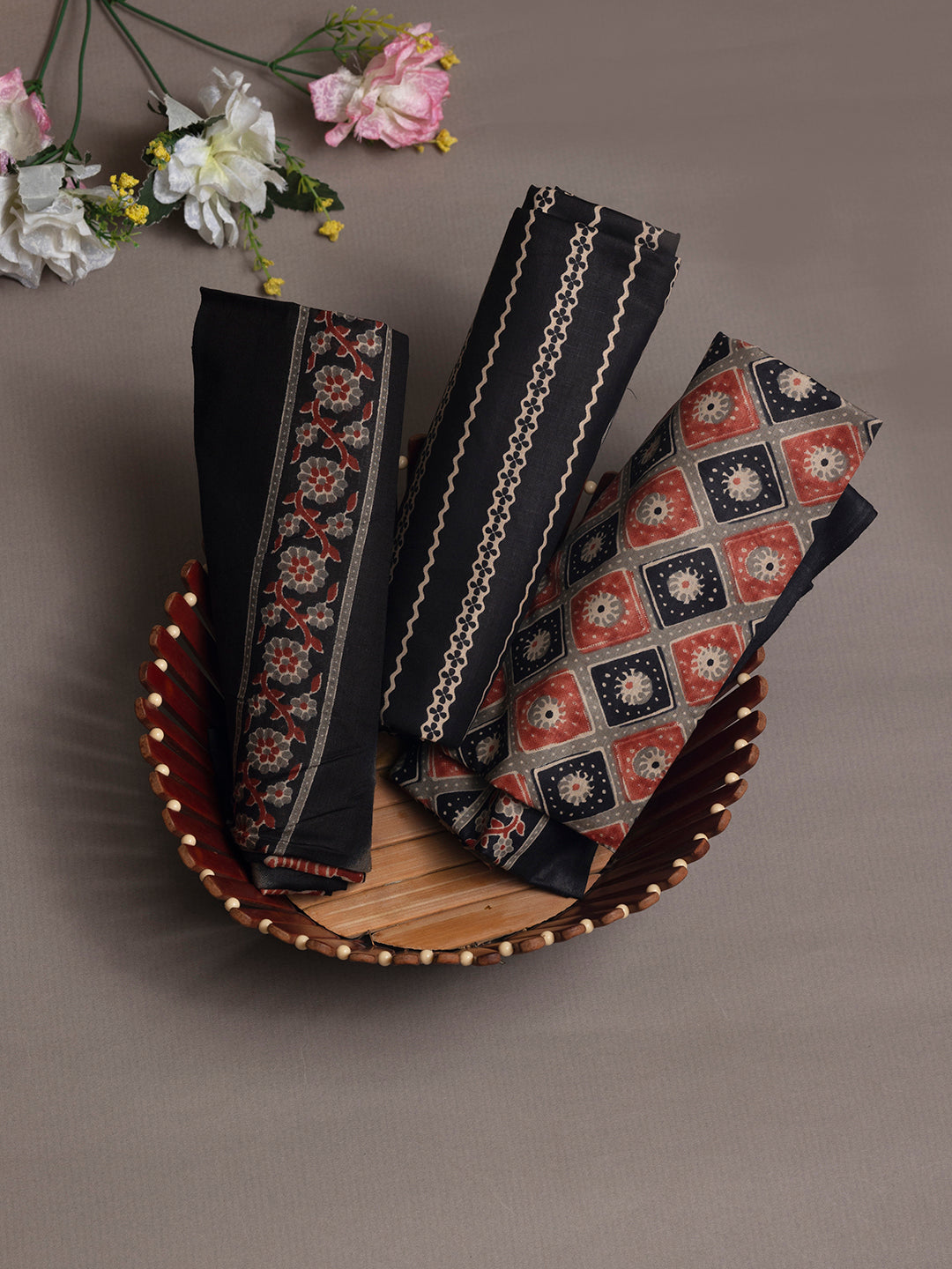 Women Pure Cotton Printed Dress Material Black DM304