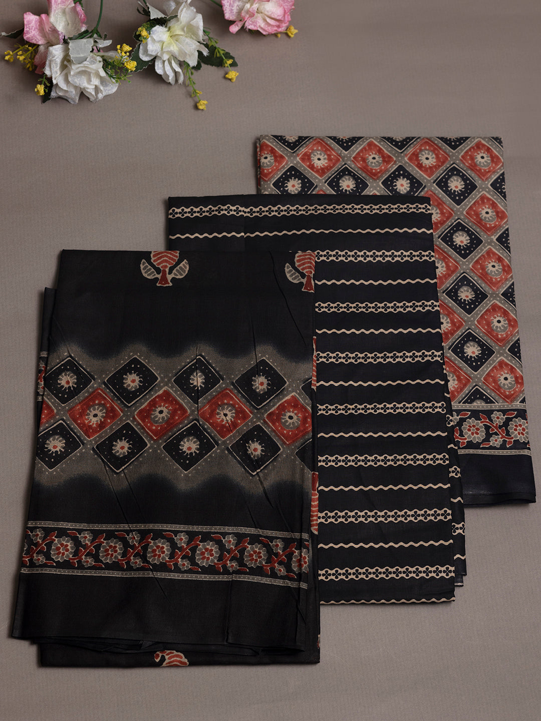 Women Pure Cotton Printed Dress Material Black DM304