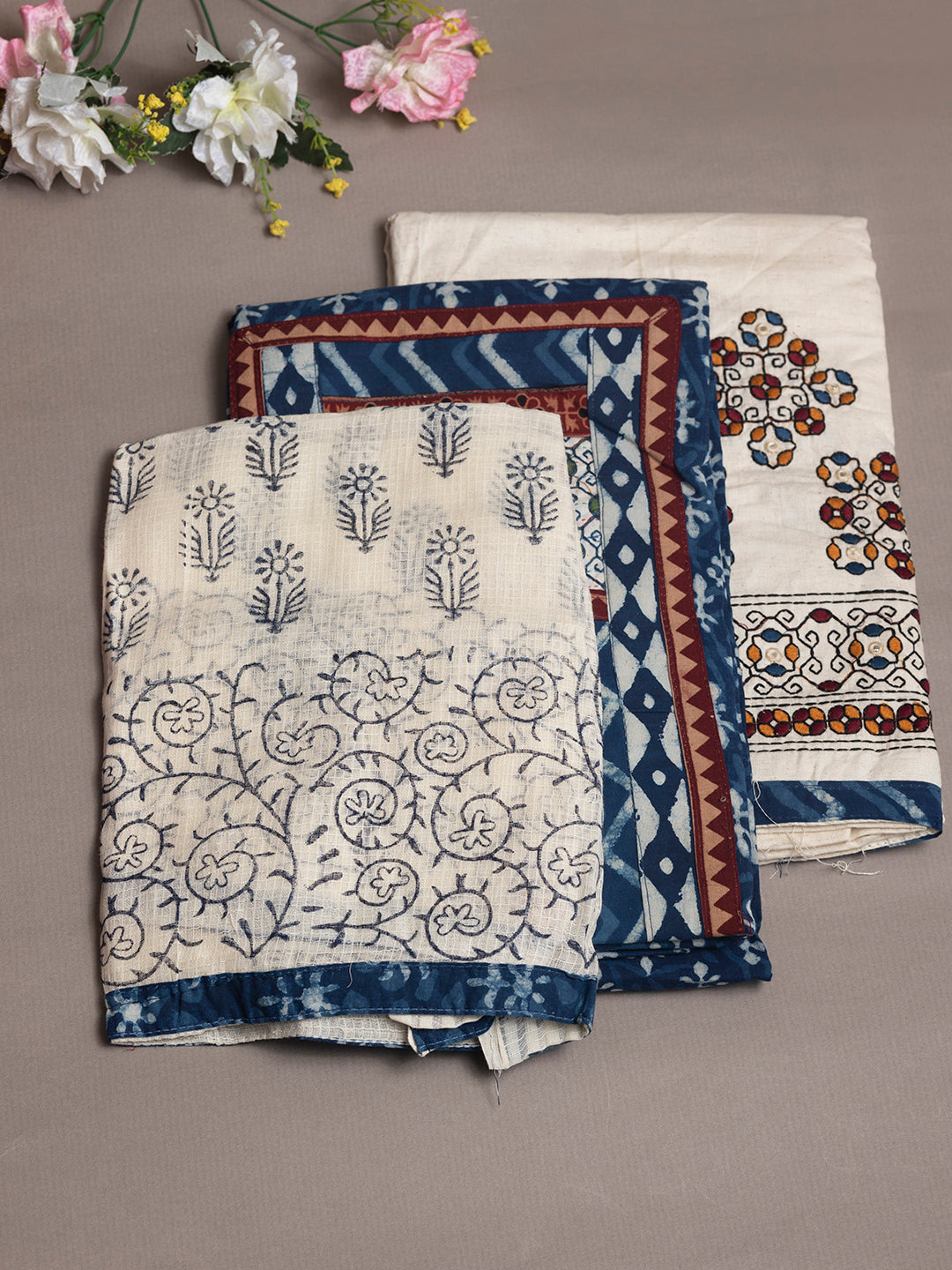 Women Kerala Printed Dress Material Blue with Cream DM309