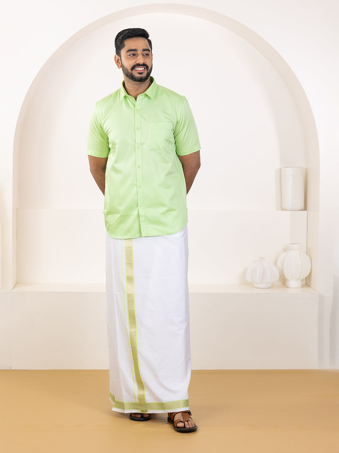 Men 100% Cotton Green Shirt and Fancy Border Dhoti Set BT3