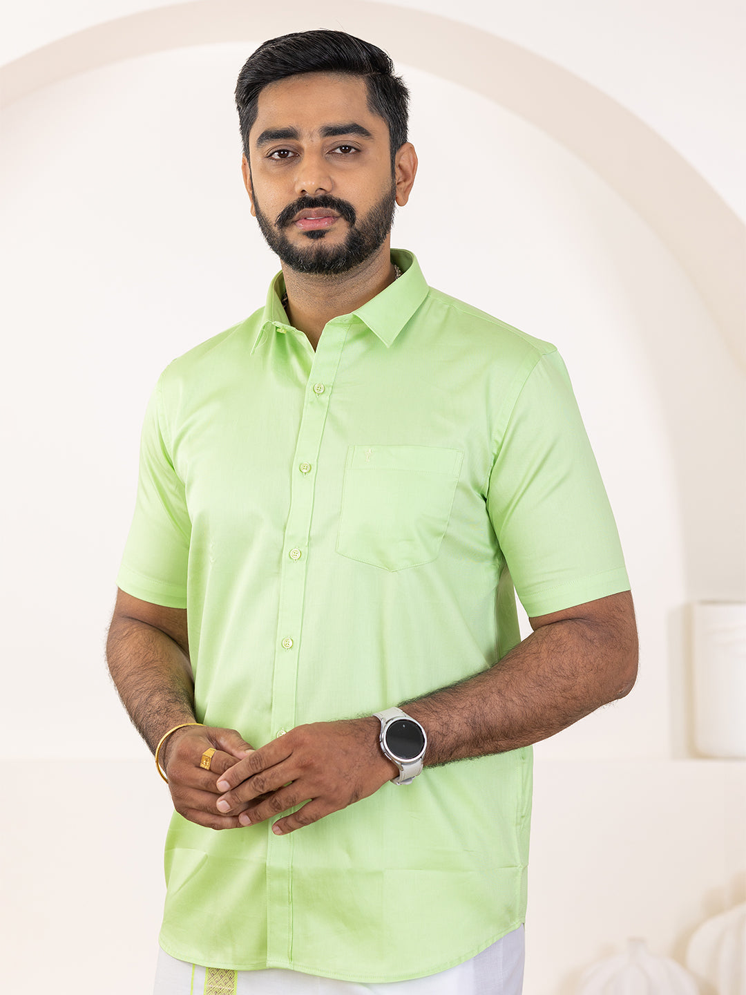 Men 100% Cotton Green Shirt and Fancy Border Dhoti Set BT3